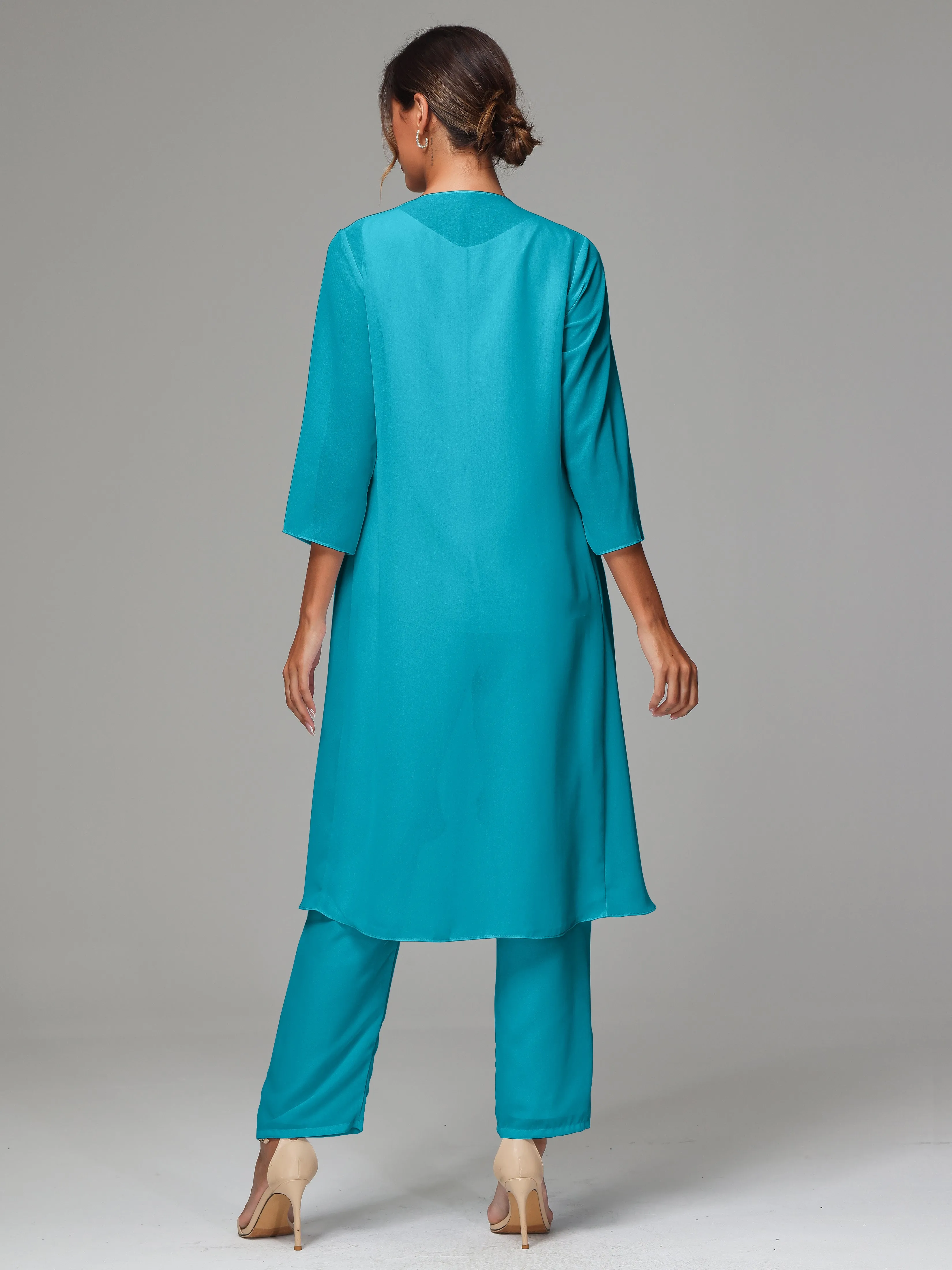 3 Pieces Long Sleeves Chiffon Mother Of The Bride Dress Pants Suits