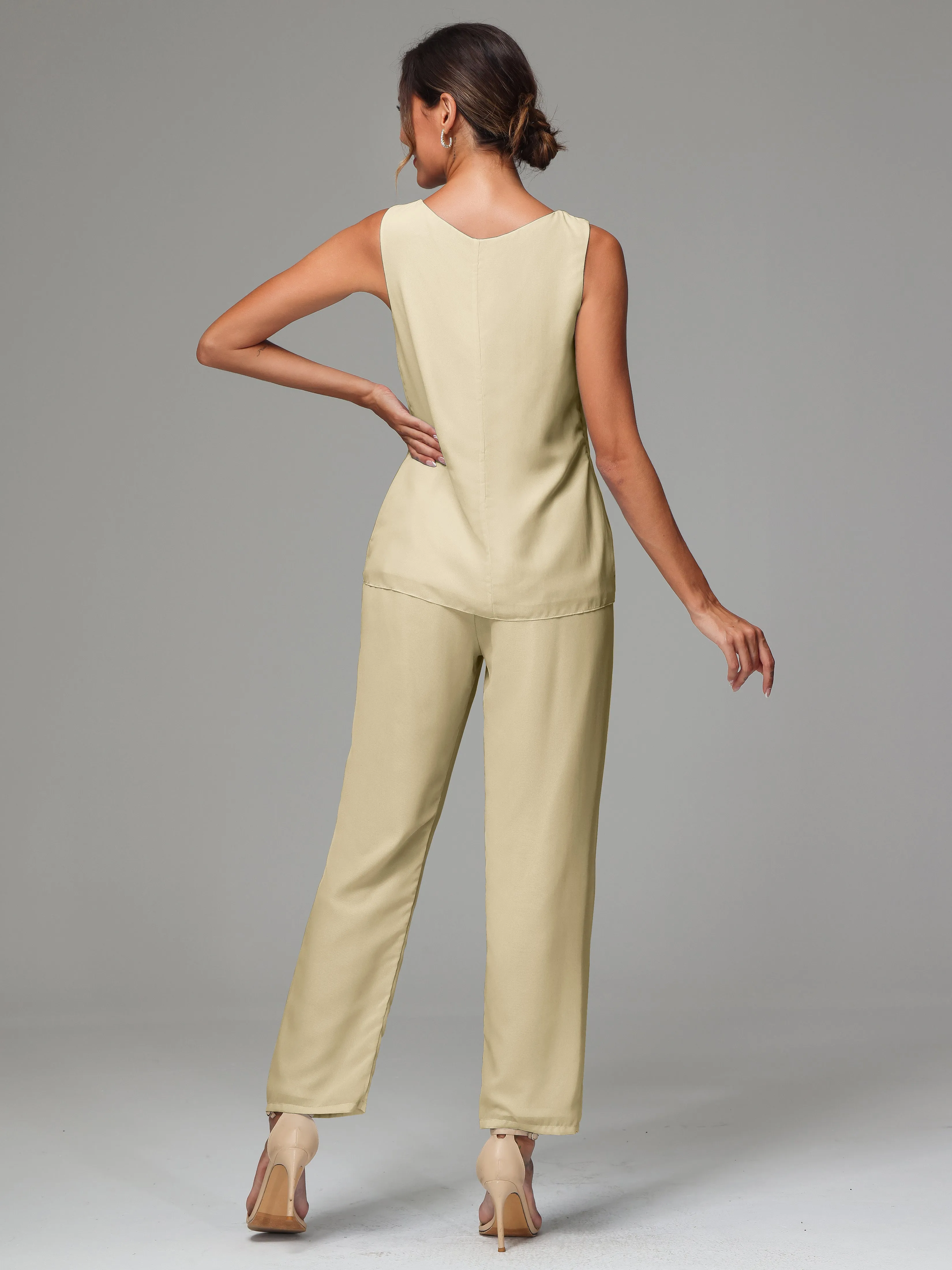 3 Pieces Long Sleeves Chiffon Mother Of The Bride Dress Pants Suits