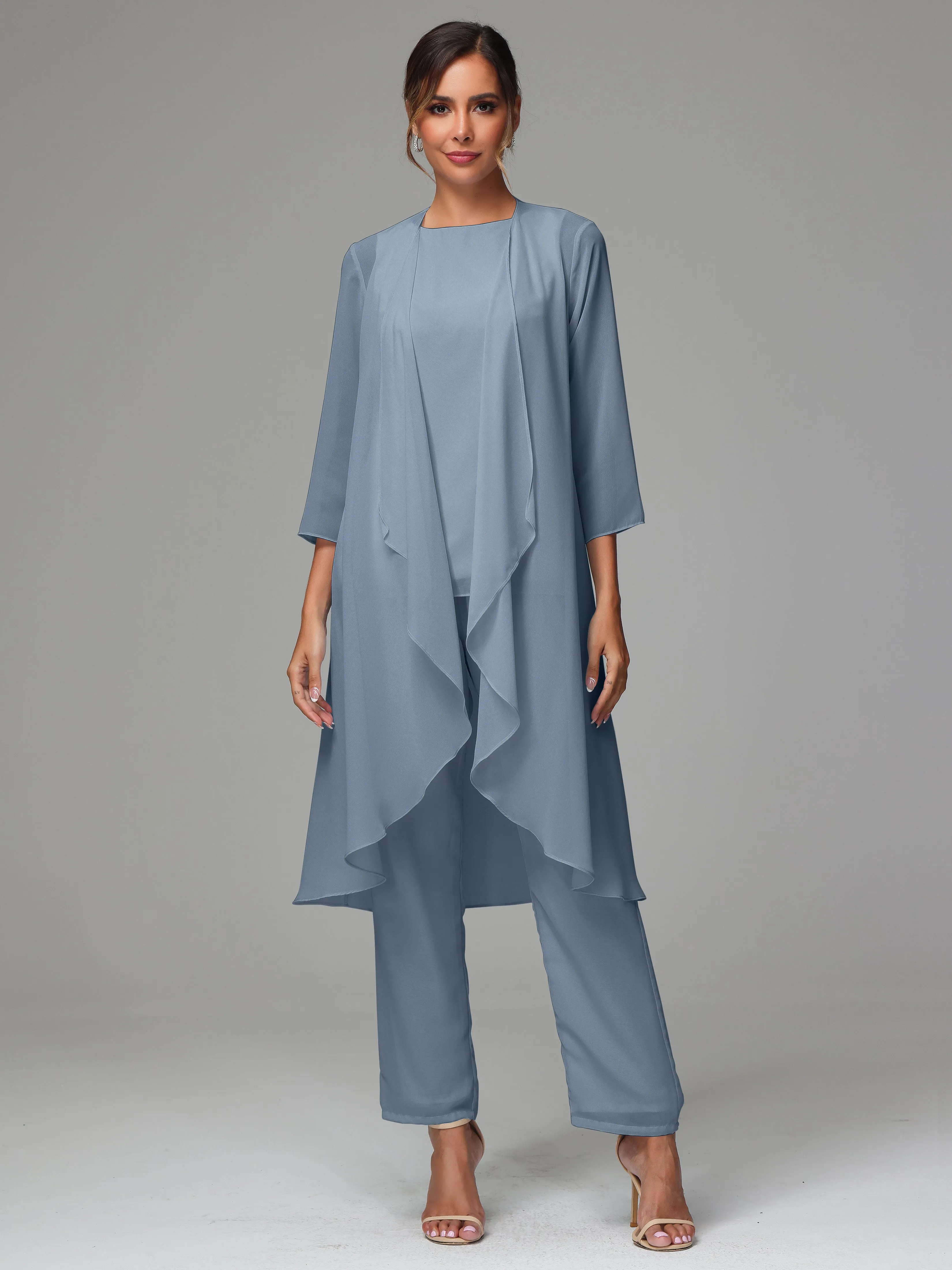3 Pieces Long Sleeves Chiffon Mother Of The Bride Dress Pants Suits