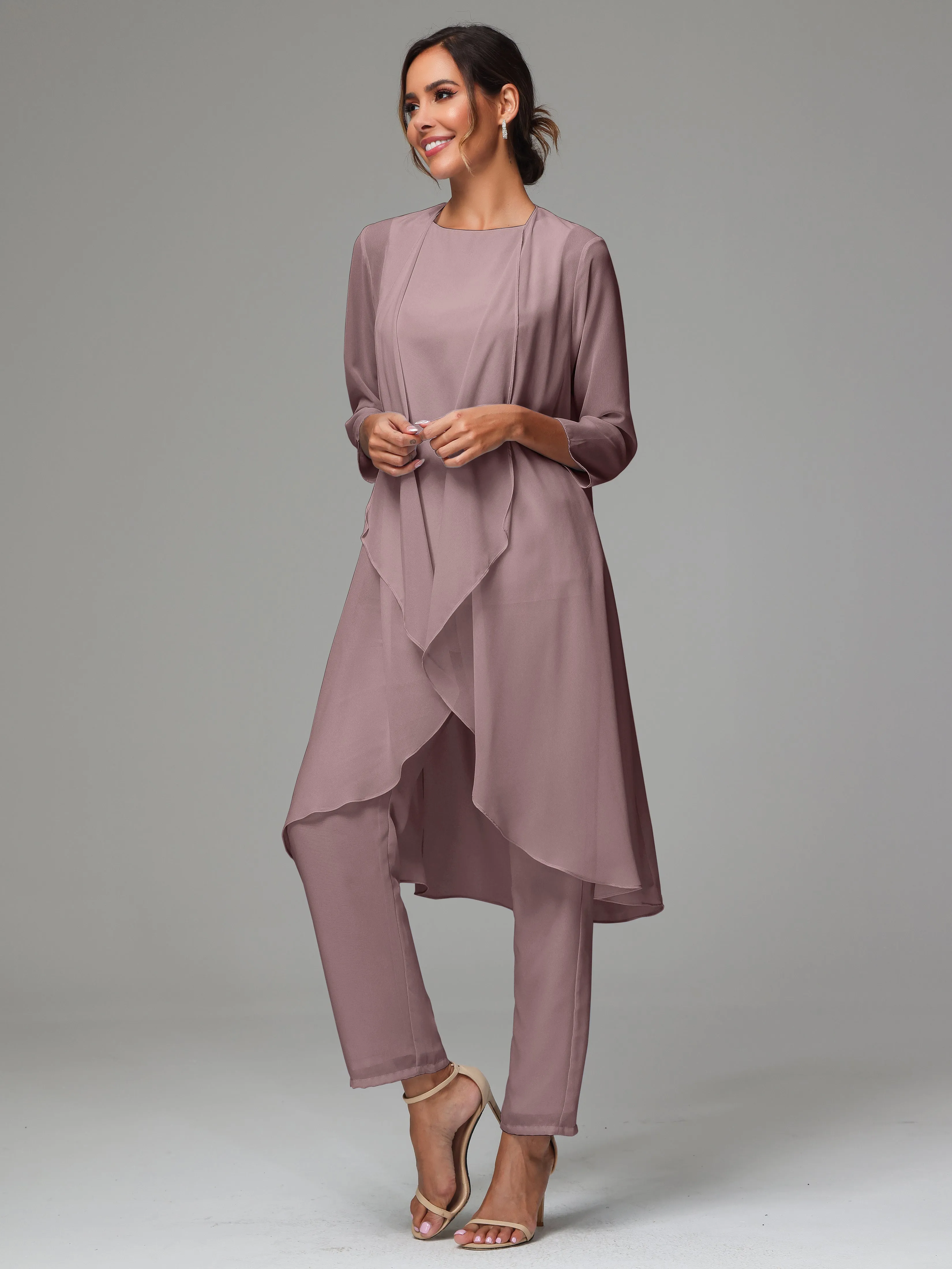 3 Pieces Long Sleeves Chiffon Mother Of The Bride Dress Pants Suits