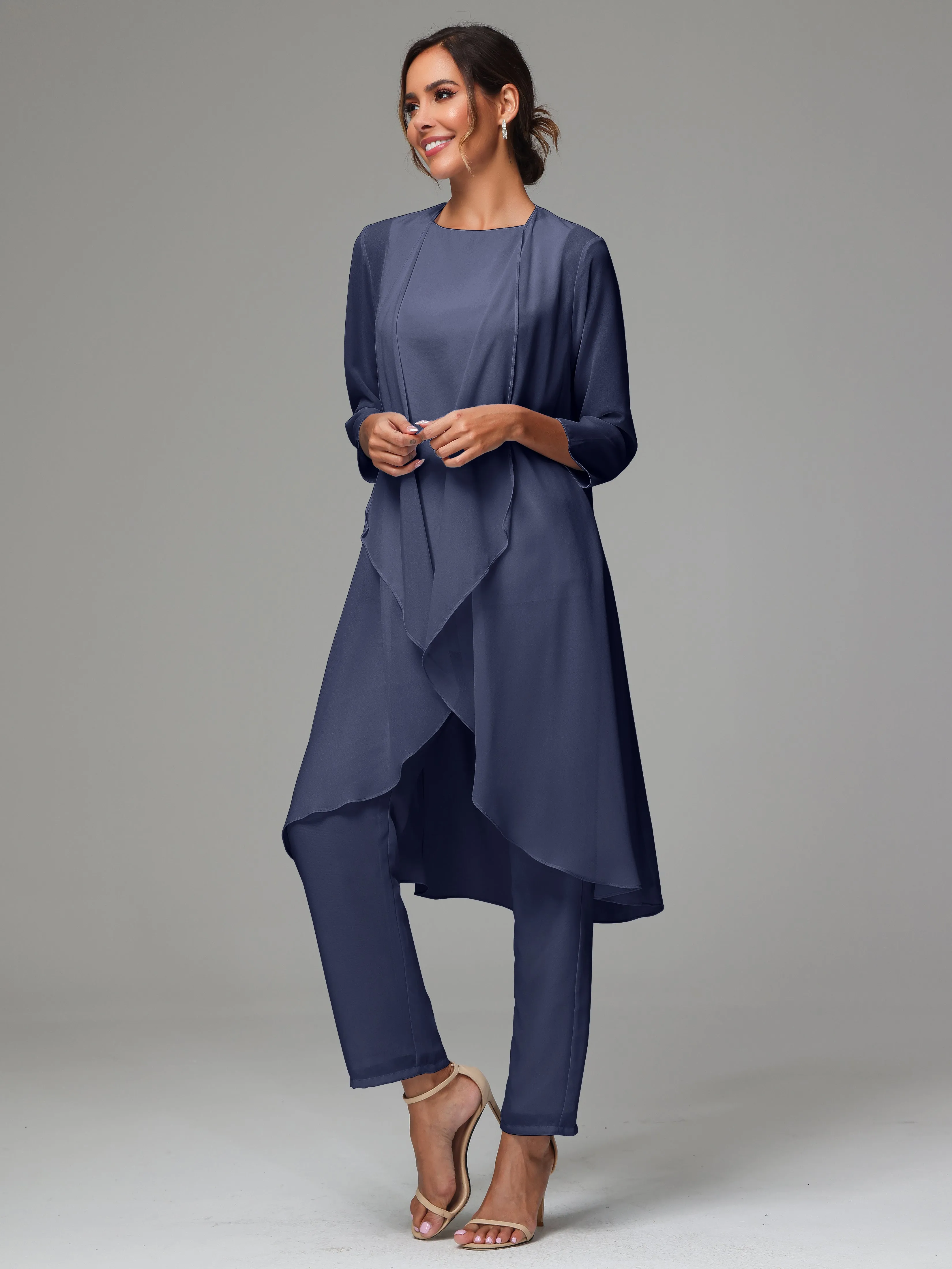 3 Pieces Long Sleeves Chiffon Mother Of The Bride Dress Pants Suits