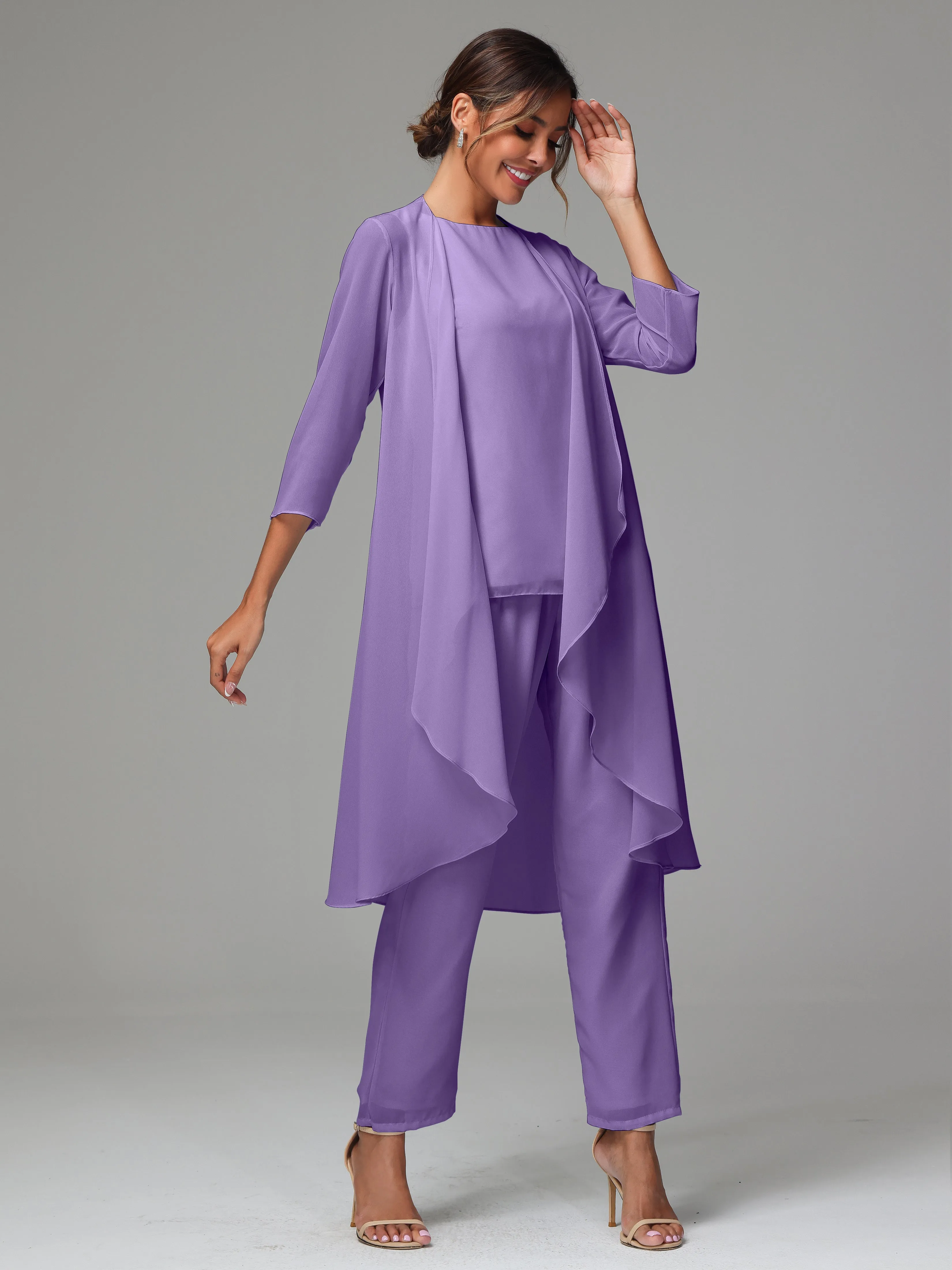 3 Pieces Long Sleeves Chiffon Mother Of The Bride Dress Pants Suits