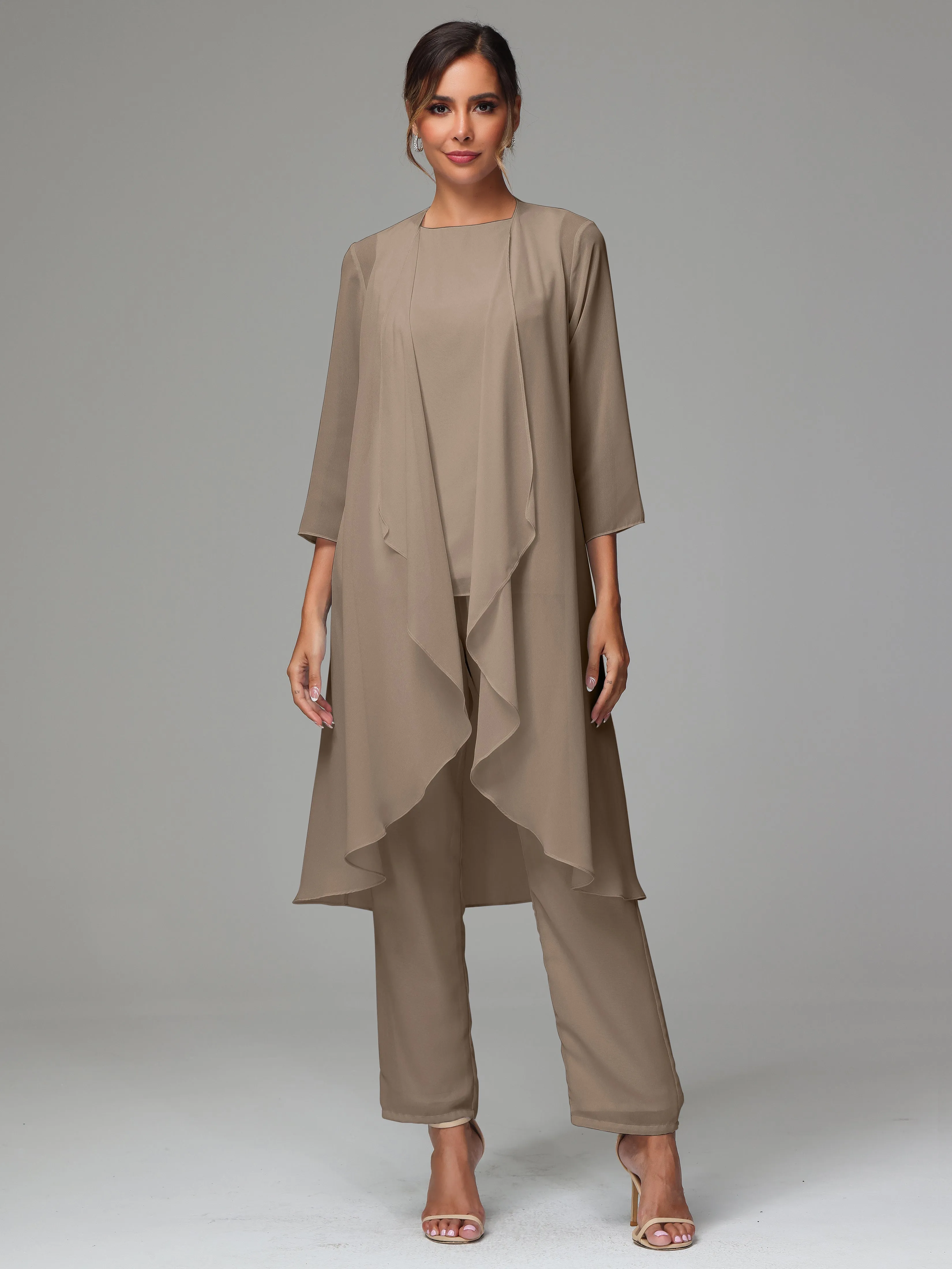3 Pieces Long Sleeves Chiffon Mother Of The Bride Dress Pants Suits