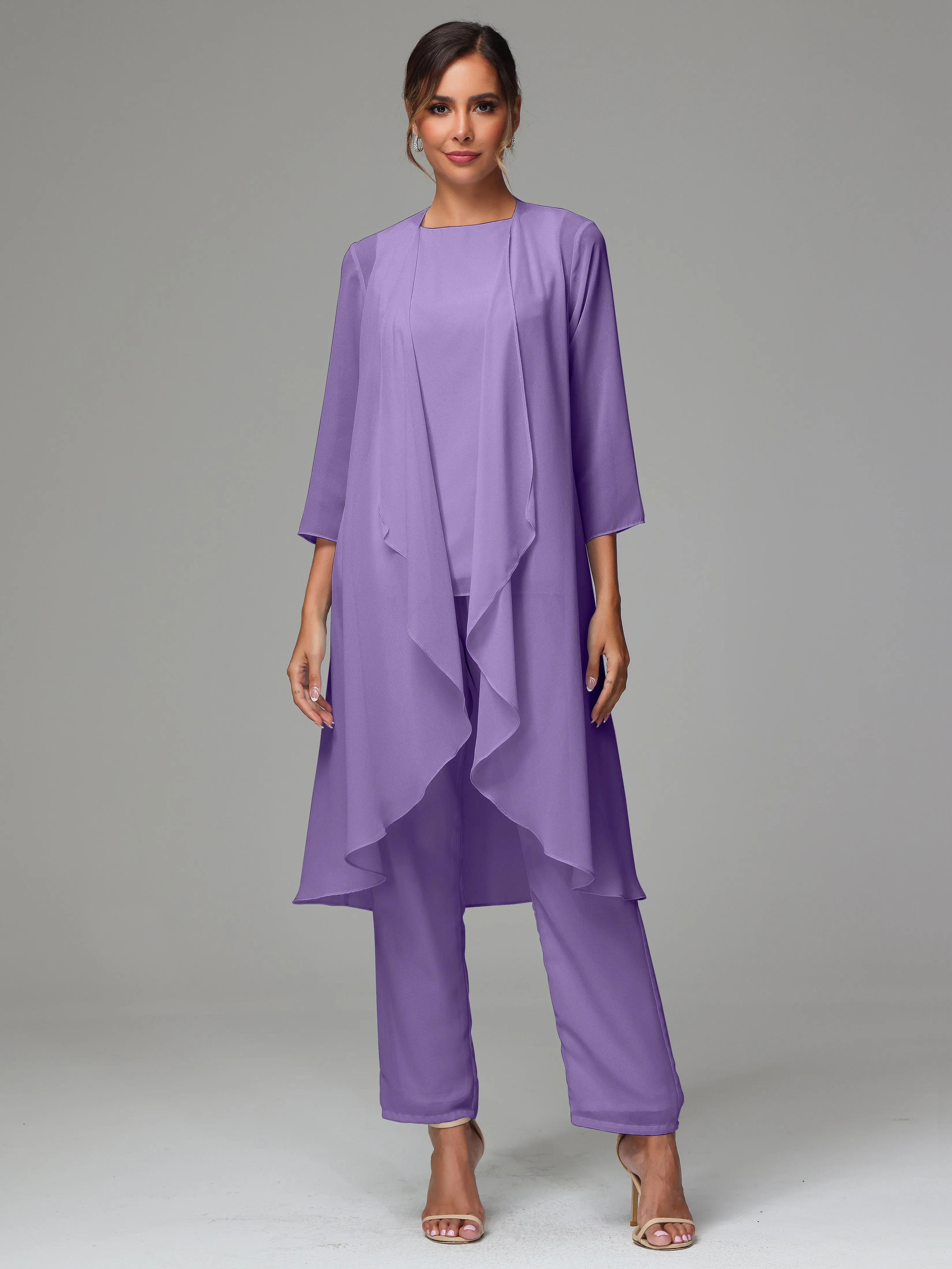 3 Pieces Long Sleeves Chiffon Mother Of The Bride Dress Pants Suits