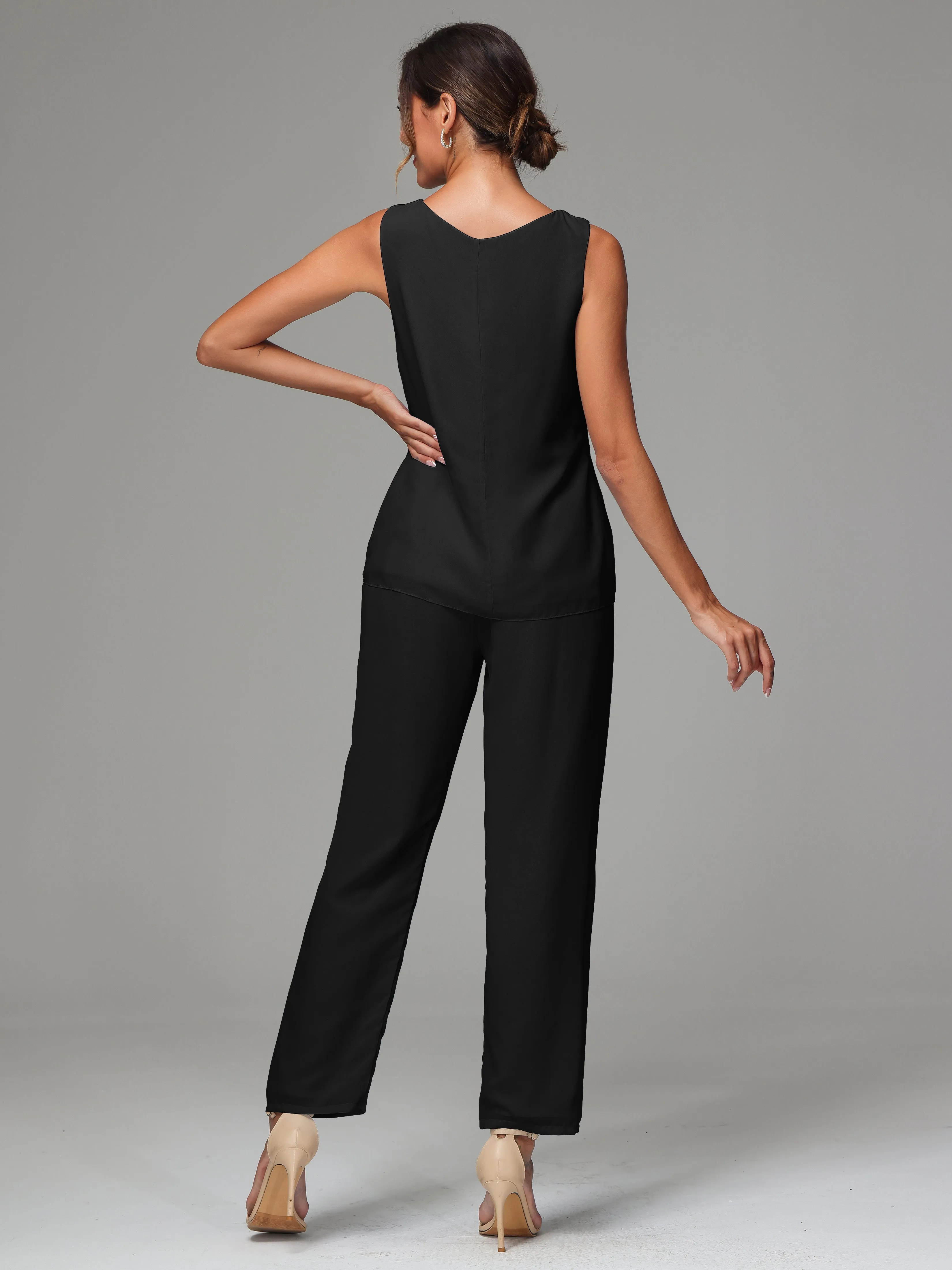 3 Pieces Long Sleeves Chiffon Mother Of The Bride Dress Pants Suits