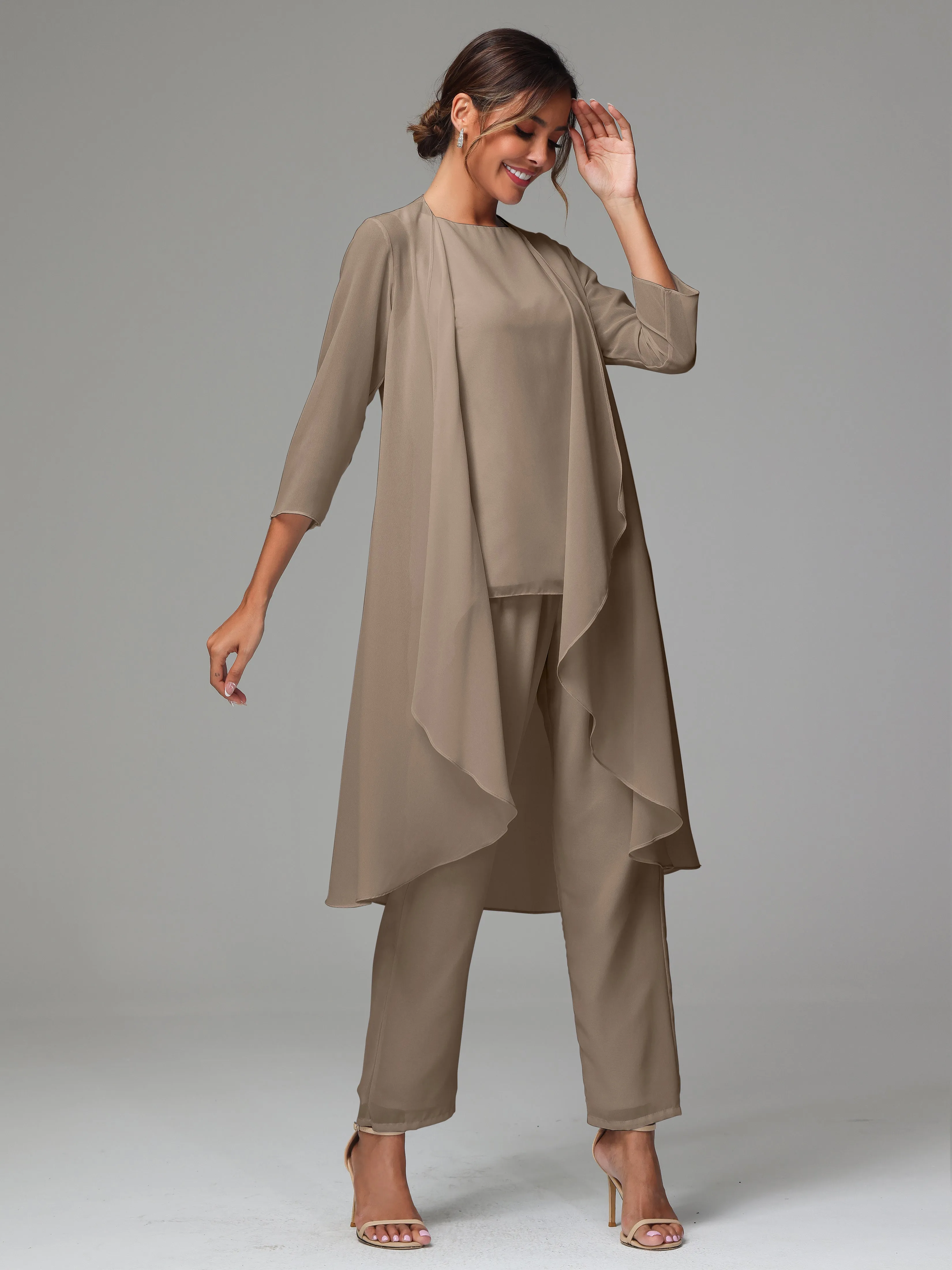 3 Pieces Long Sleeves Chiffon Mother Of The Bride Dress Pants Suits