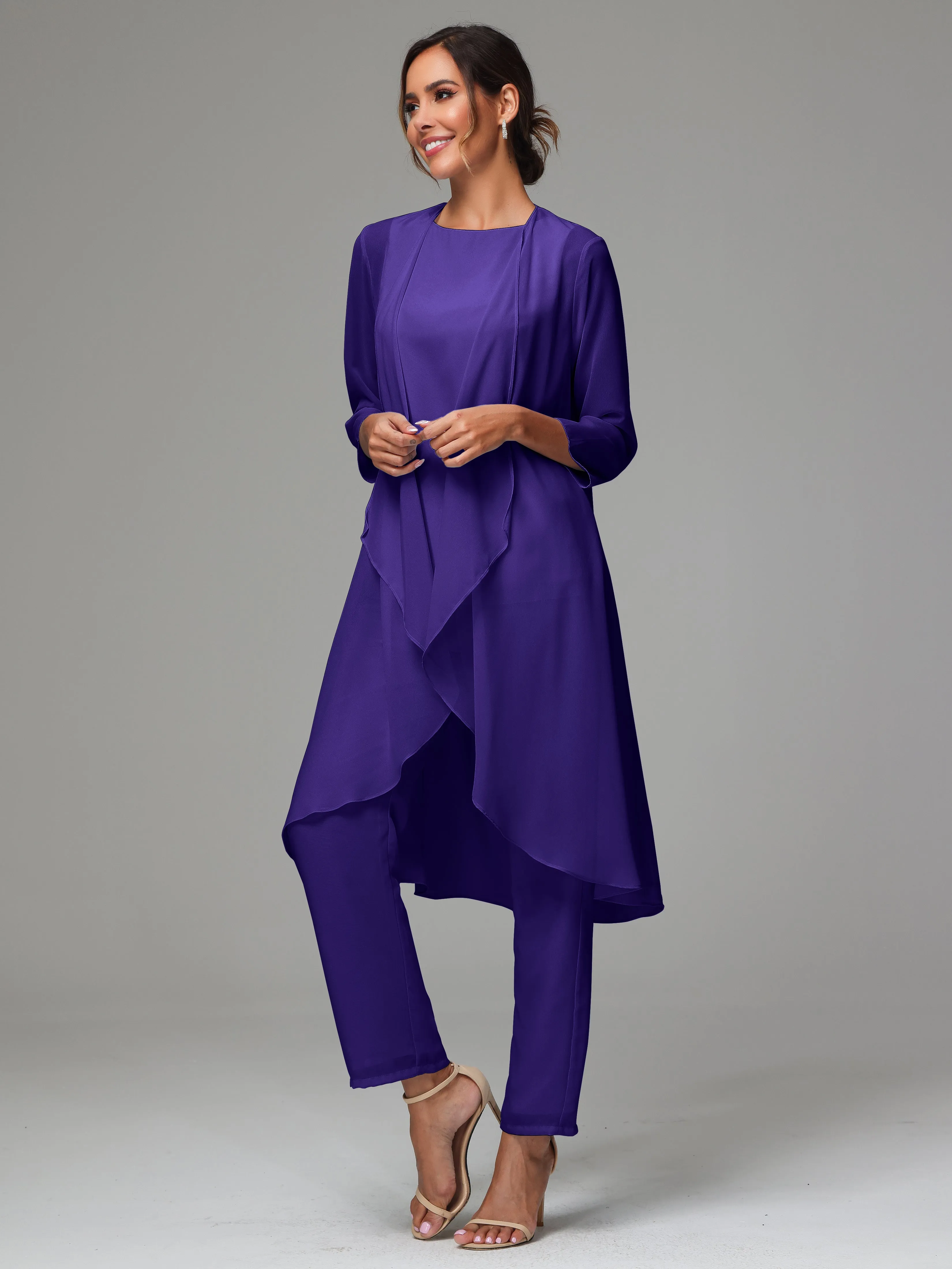 3 Pieces Long Sleeves Chiffon Mother Of The Bride Dress Pants Suits