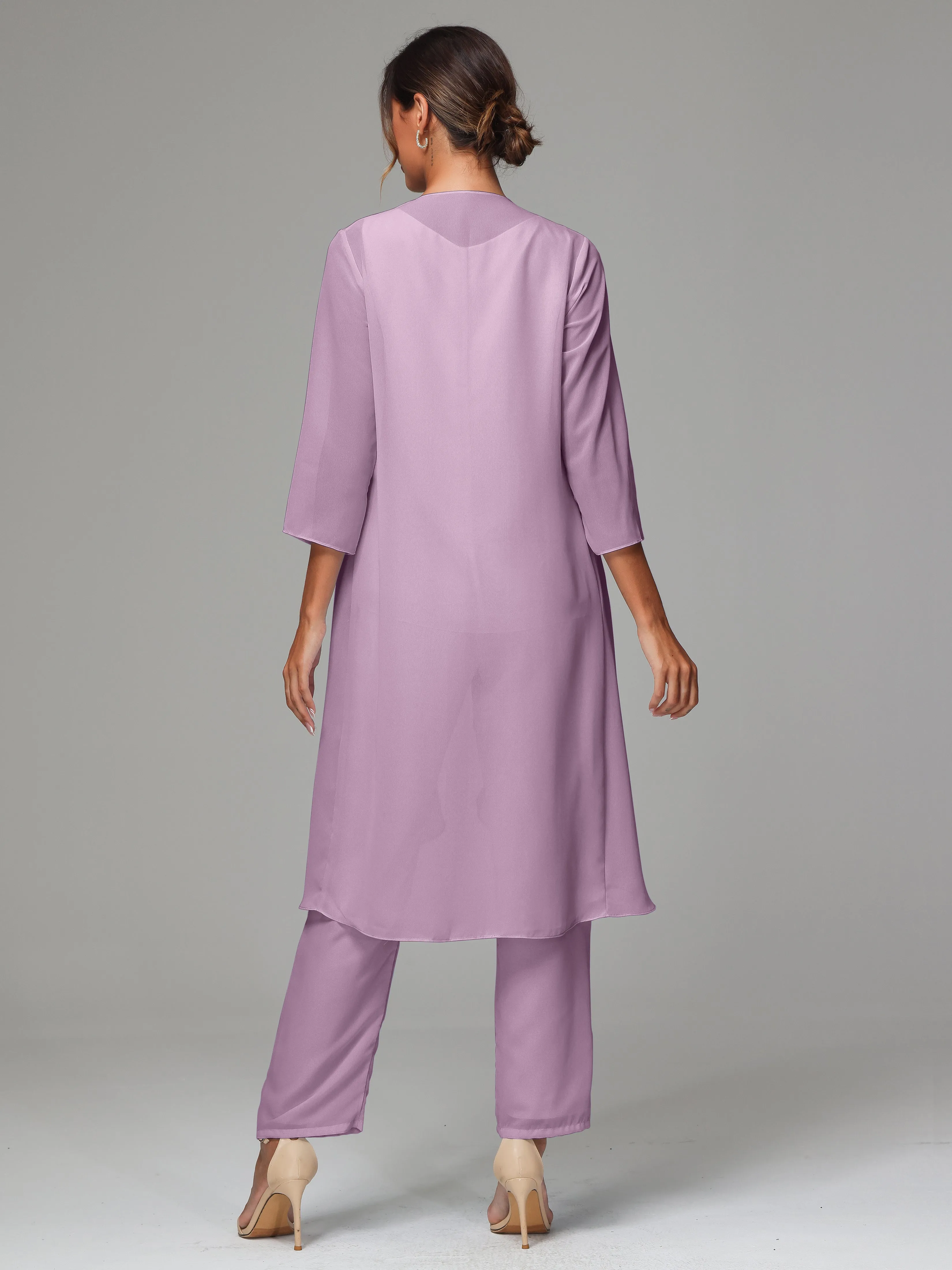 3 Pieces Long Sleeves Chiffon Mother Of The Bride Dress Pants Suits