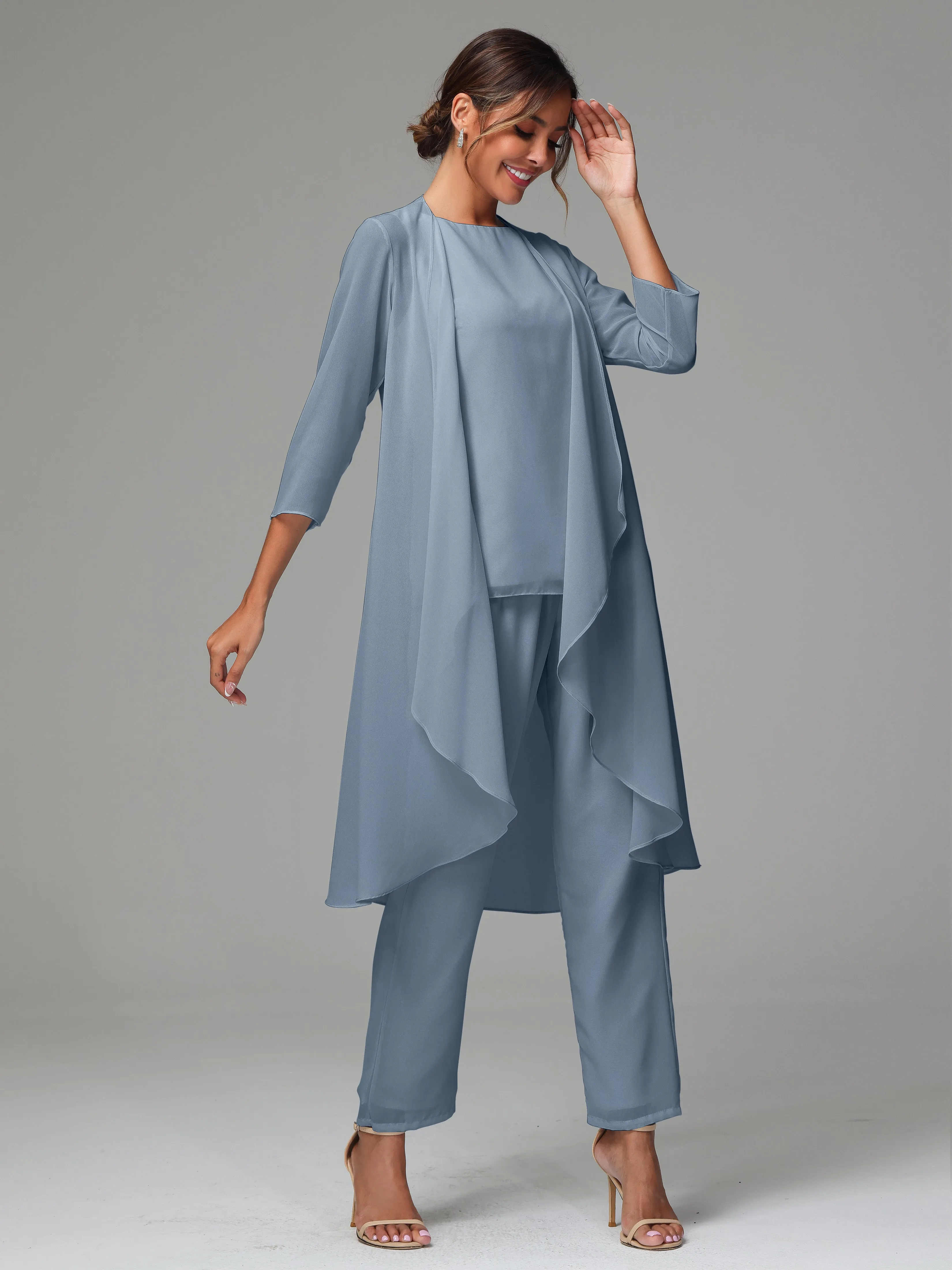 3 Pieces Long Sleeves Chiffon Mother Of The Bride Dress Pants Suits