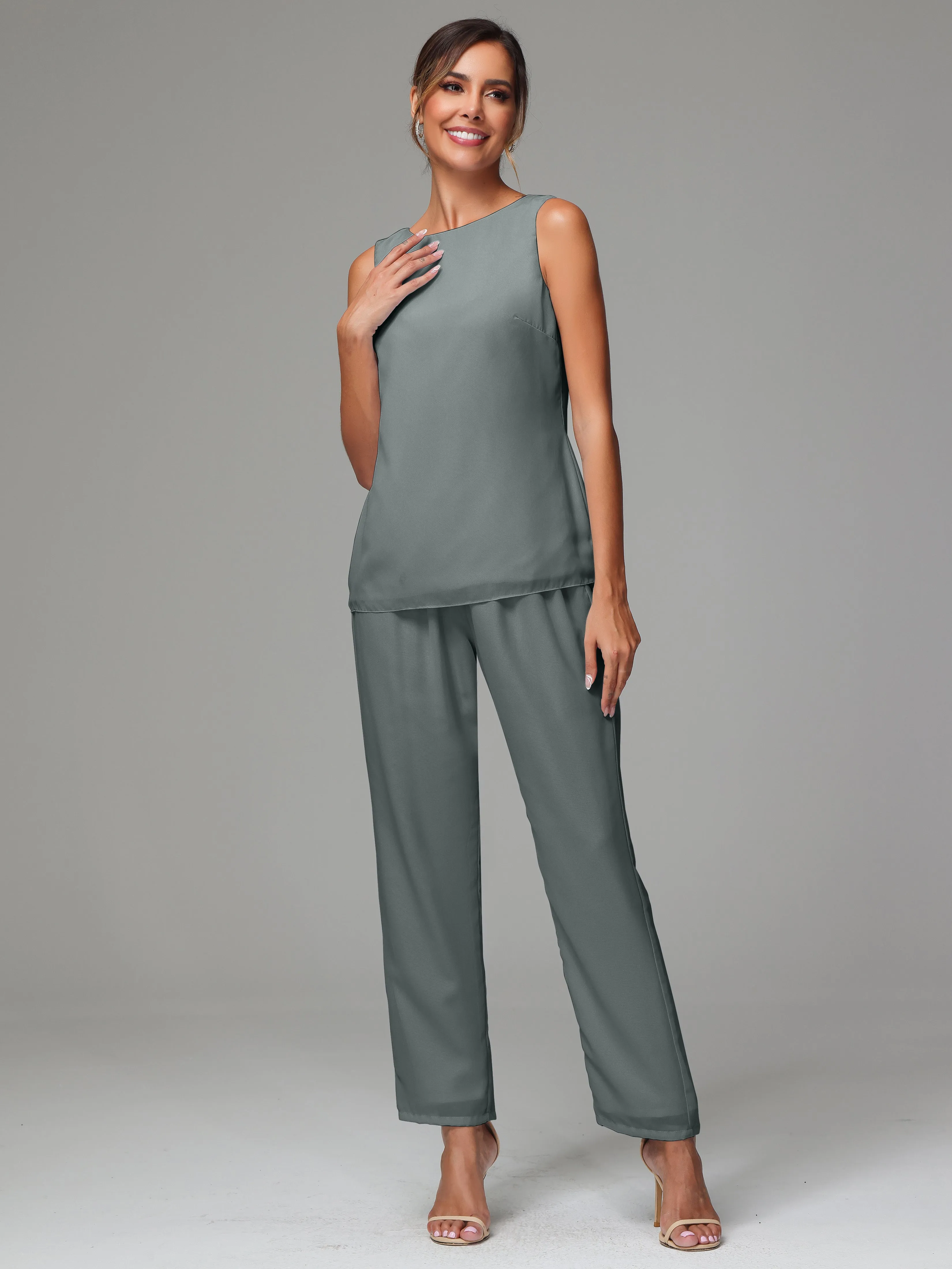 3 Pieces Long Sleeves Chiffon Mother Of The Bride Dress Pants Suits