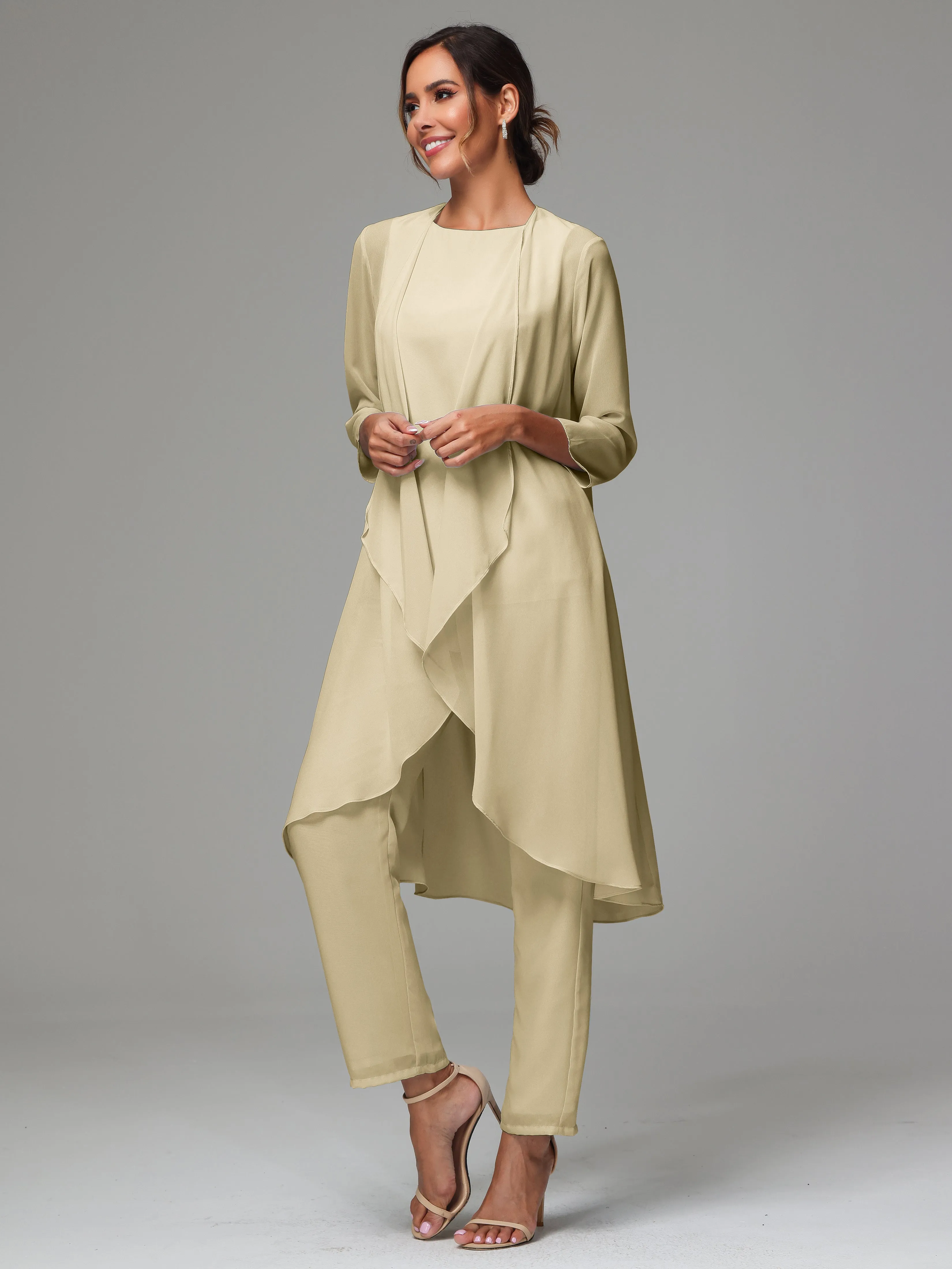 3 Pieces Long Sleeves Chiffon Mother Of The Bride Dress Pants Suits
