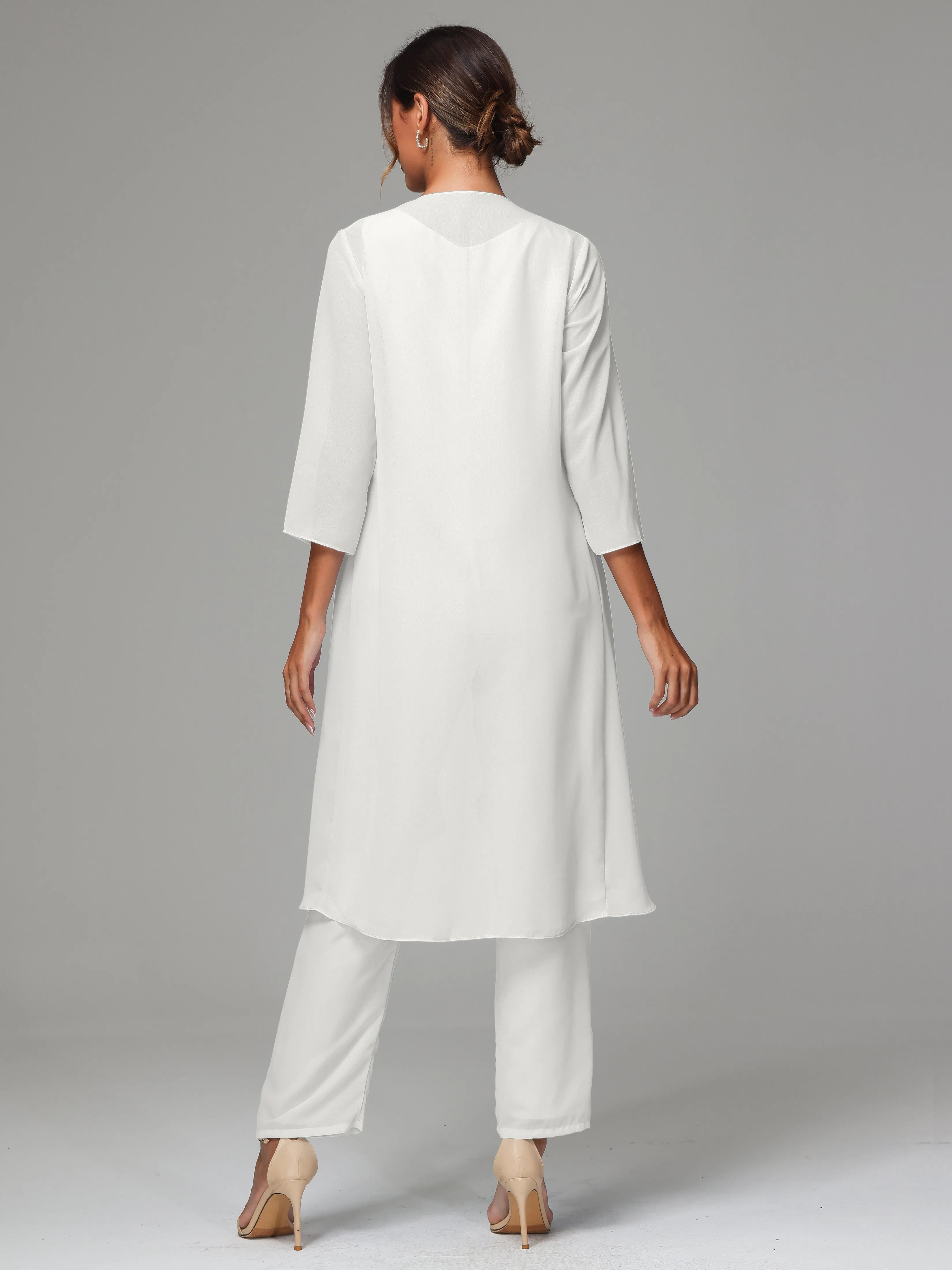 3 Pieces Long Sleeves Chiffon Mother Of The Bride Dress Pants Suits