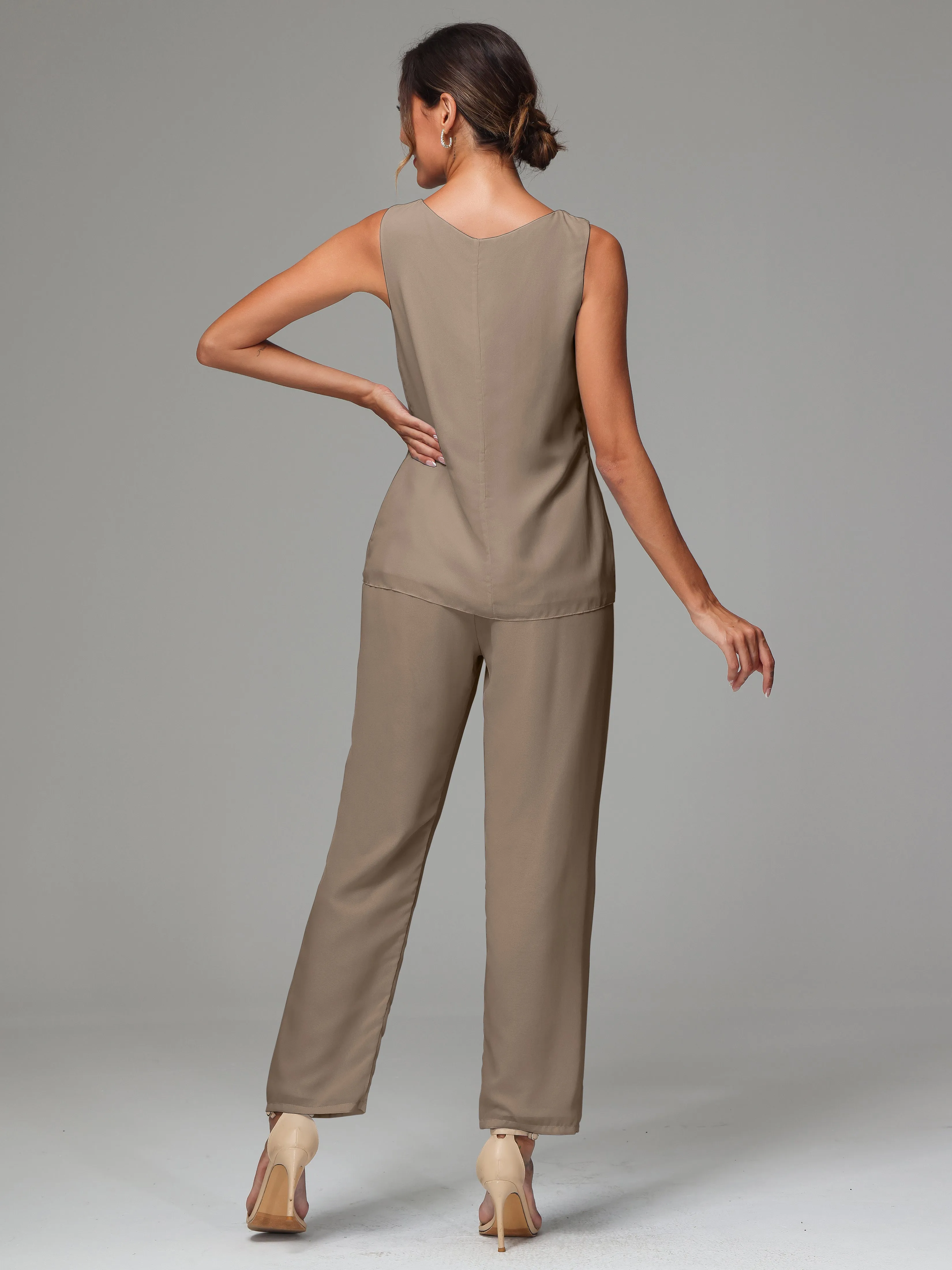 3 Pieces Long Sleeves Chiffon Mother Of The Bride Dress Pants Suits