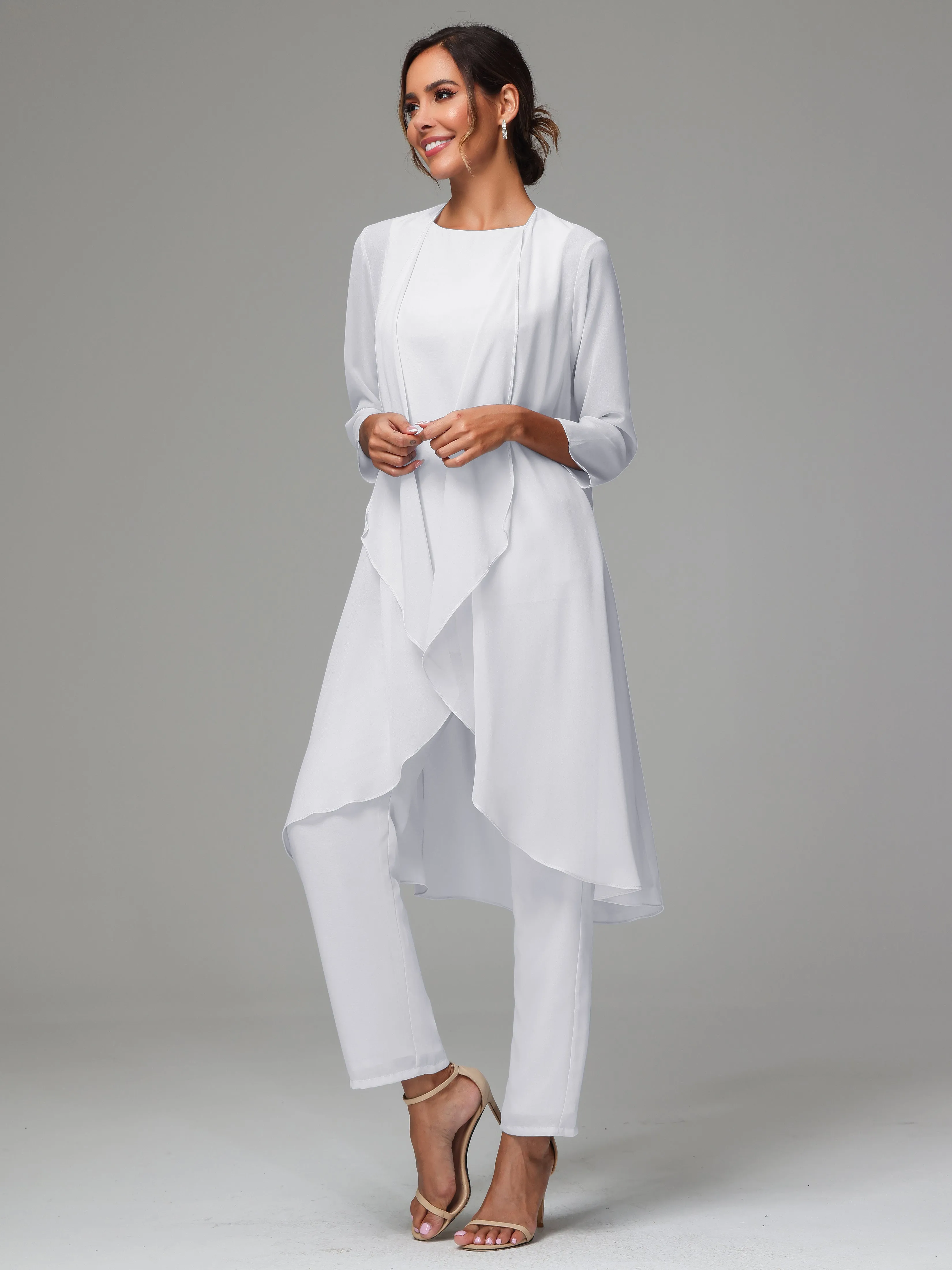 3 Pieces Long Sleeves Chiffon Mother Of The Bride Dress Pants Suits