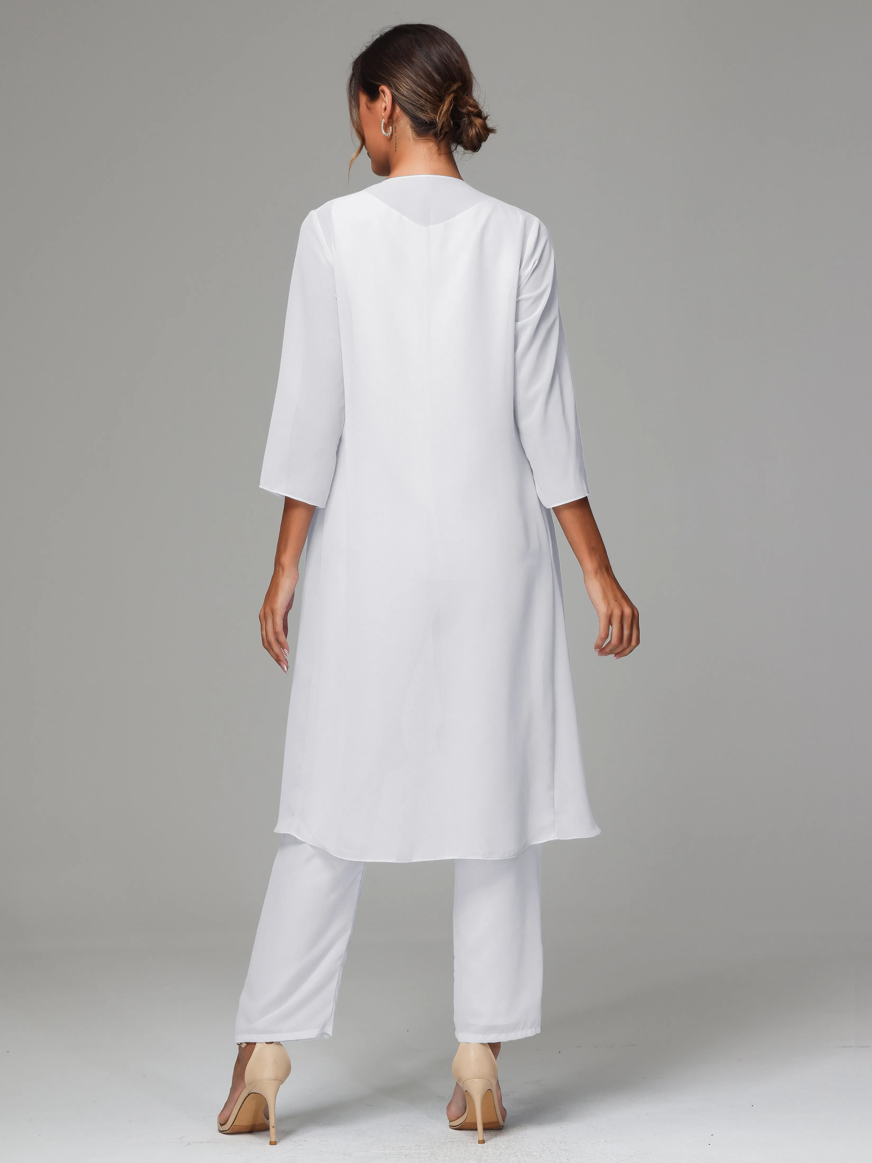 3 Pieces Long Sleeves Chiffon Mother Of The Bride Dress Pants Suits