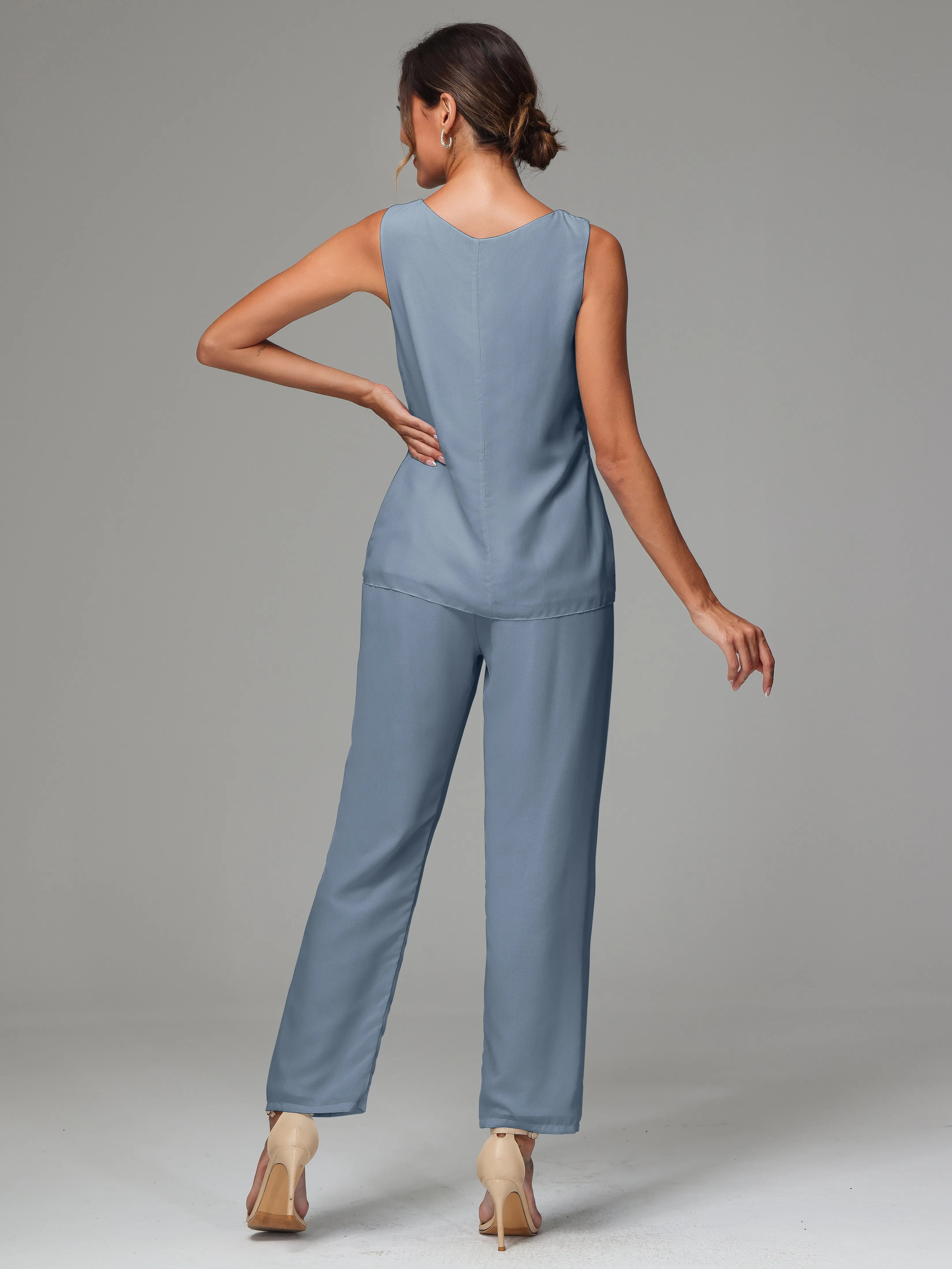 3 Pieces Long Sleeves Chiffon Mother Of The Bride Dress Pants Suits
