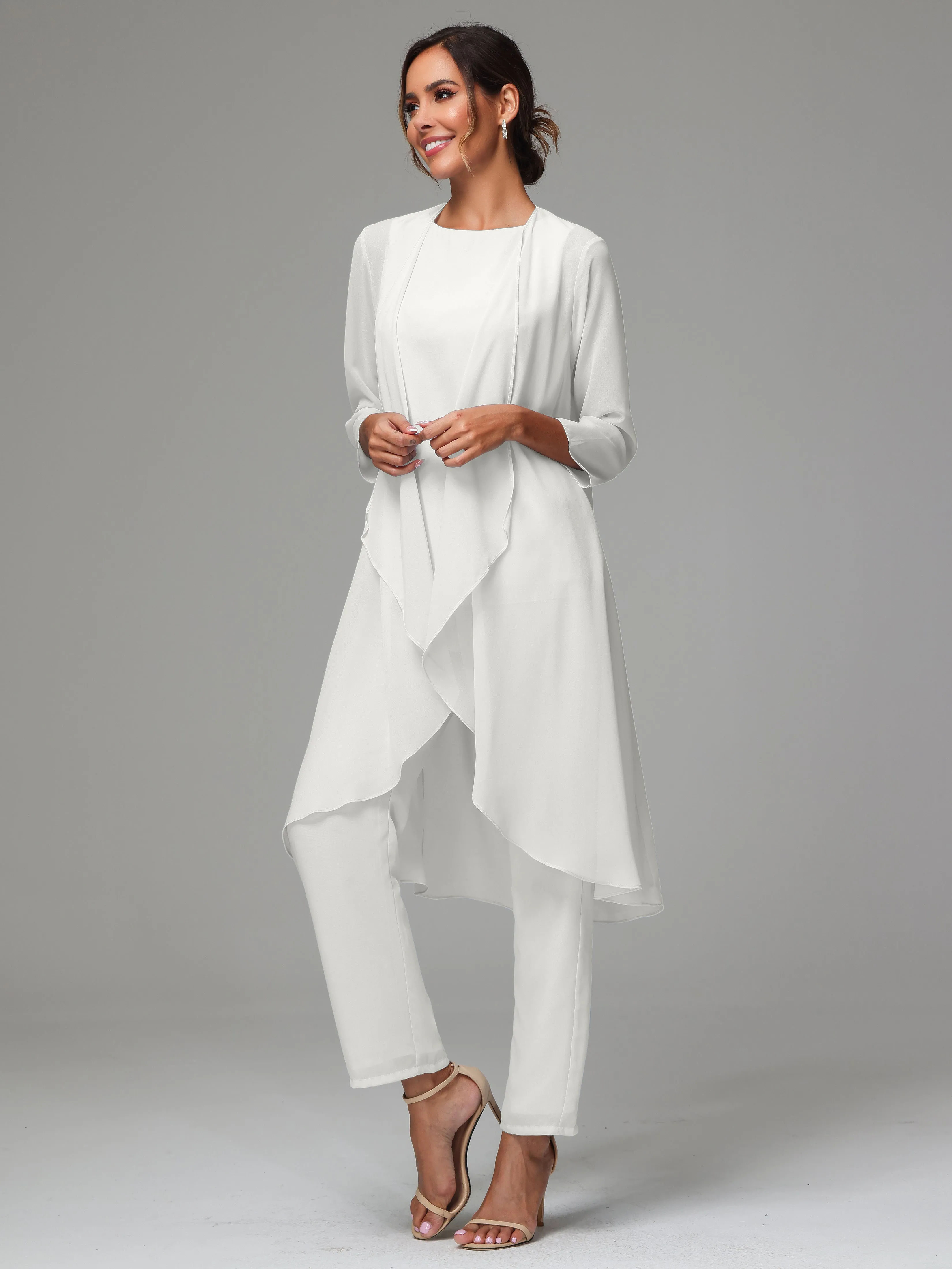 3 Pieces Long Sleeves Chiffon Mother Of The Bride Dress Pants Suits