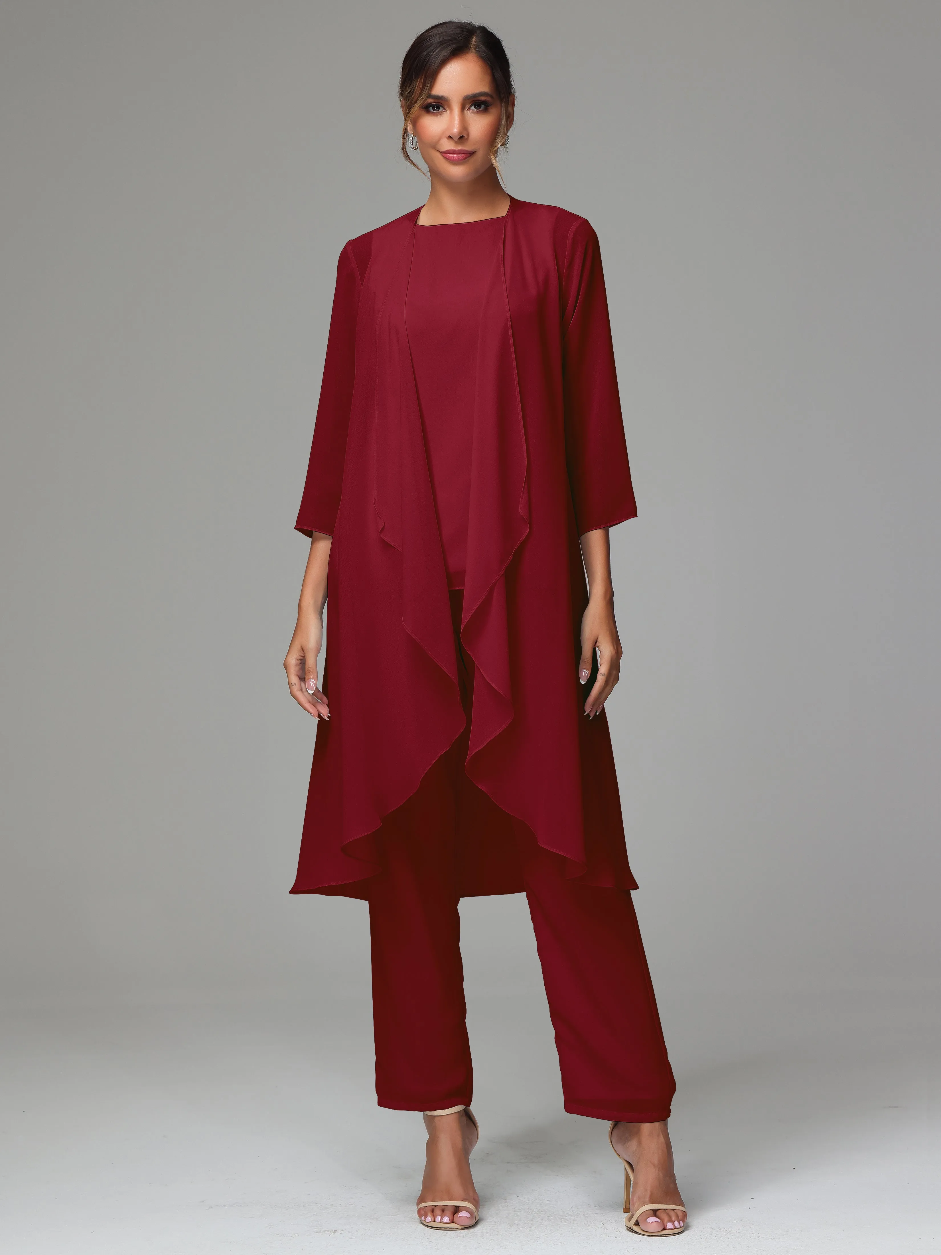 3 Pieces Long Sleeves Chiffon Mother Of The Bride Dress Pants Suits