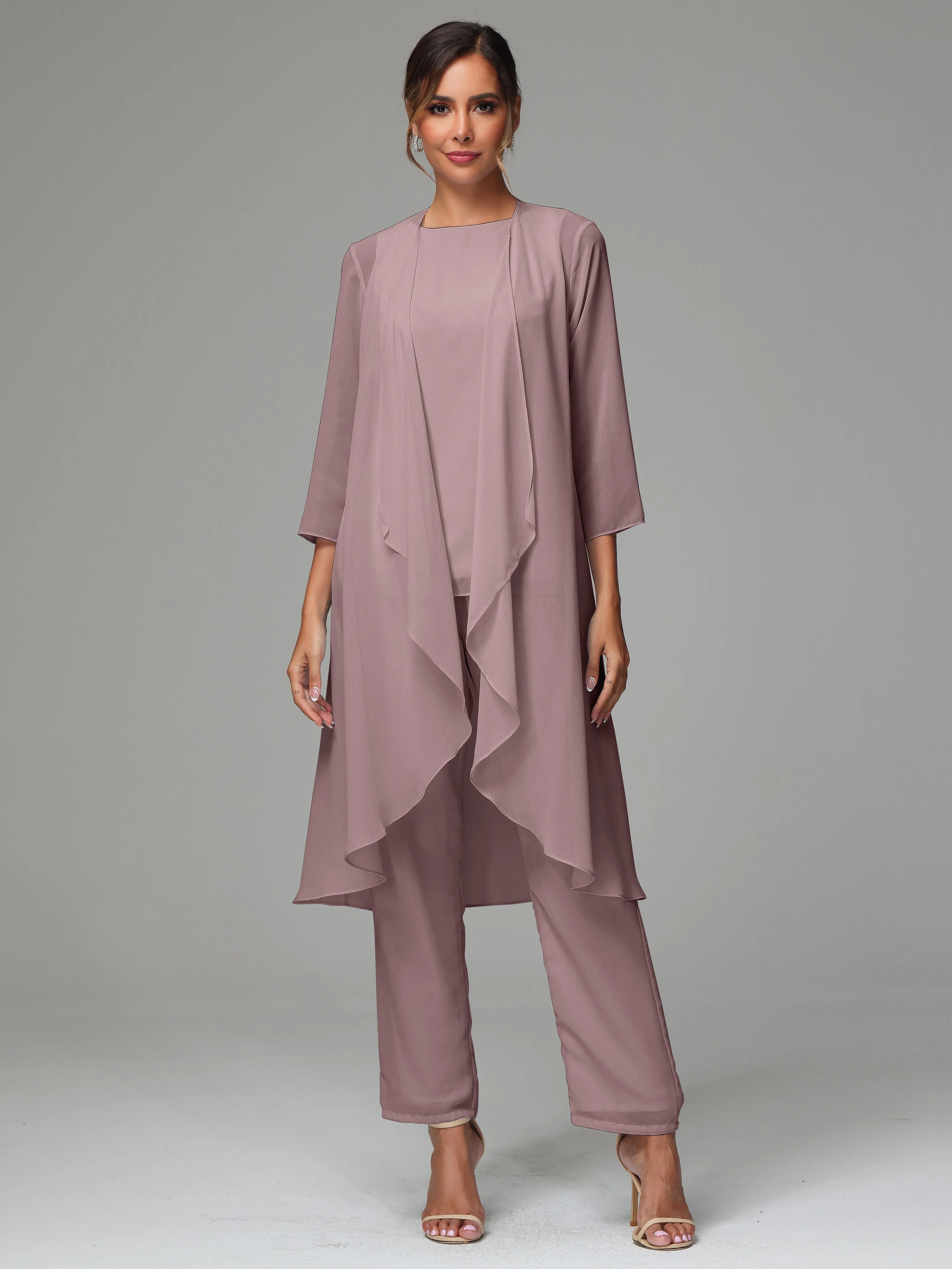 3 Pieces Long Sleeves Chiffon Mother Of The Bride Dress Pants Suits