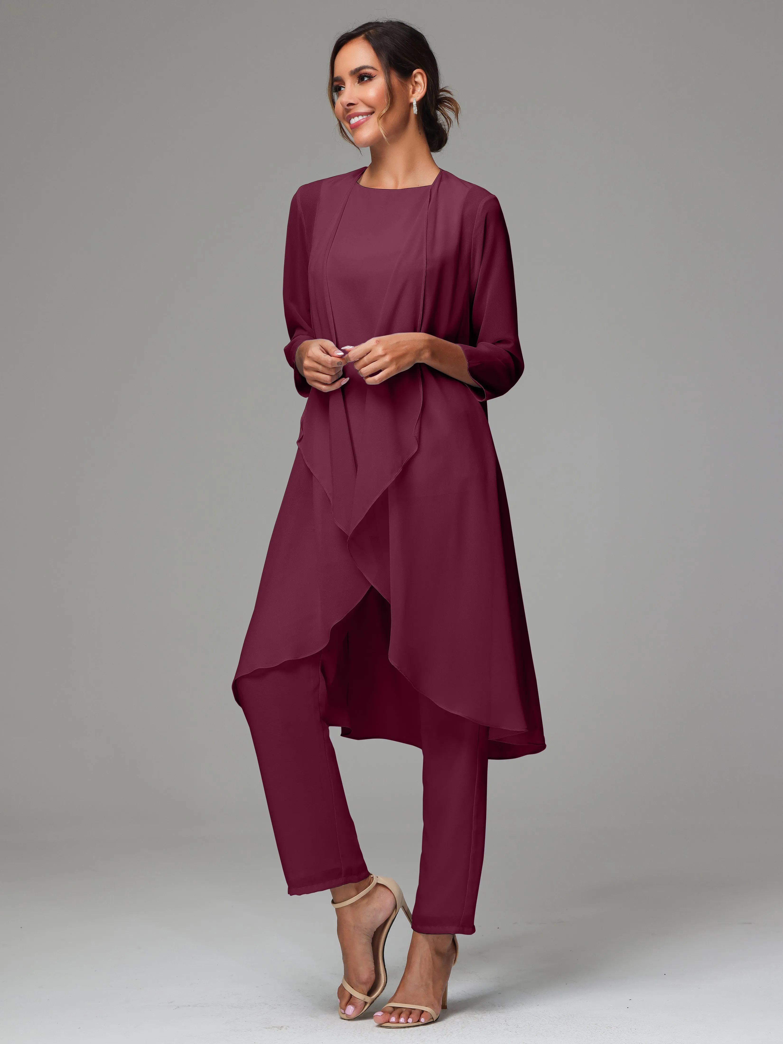 3 Pieces Long Sleeves Chiffon Mother Of The Bride Dress Pants Suits