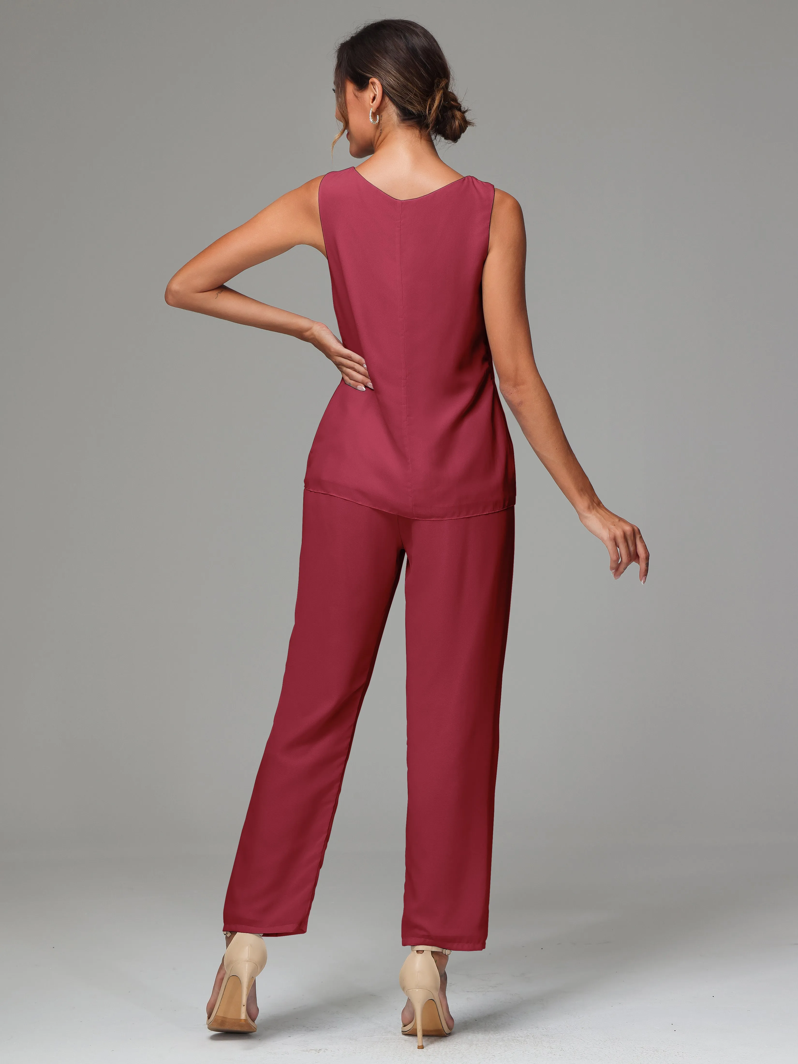 3 Pieces Long Sleeves Chiffon Mother Of The Bride Dress Pants Suits