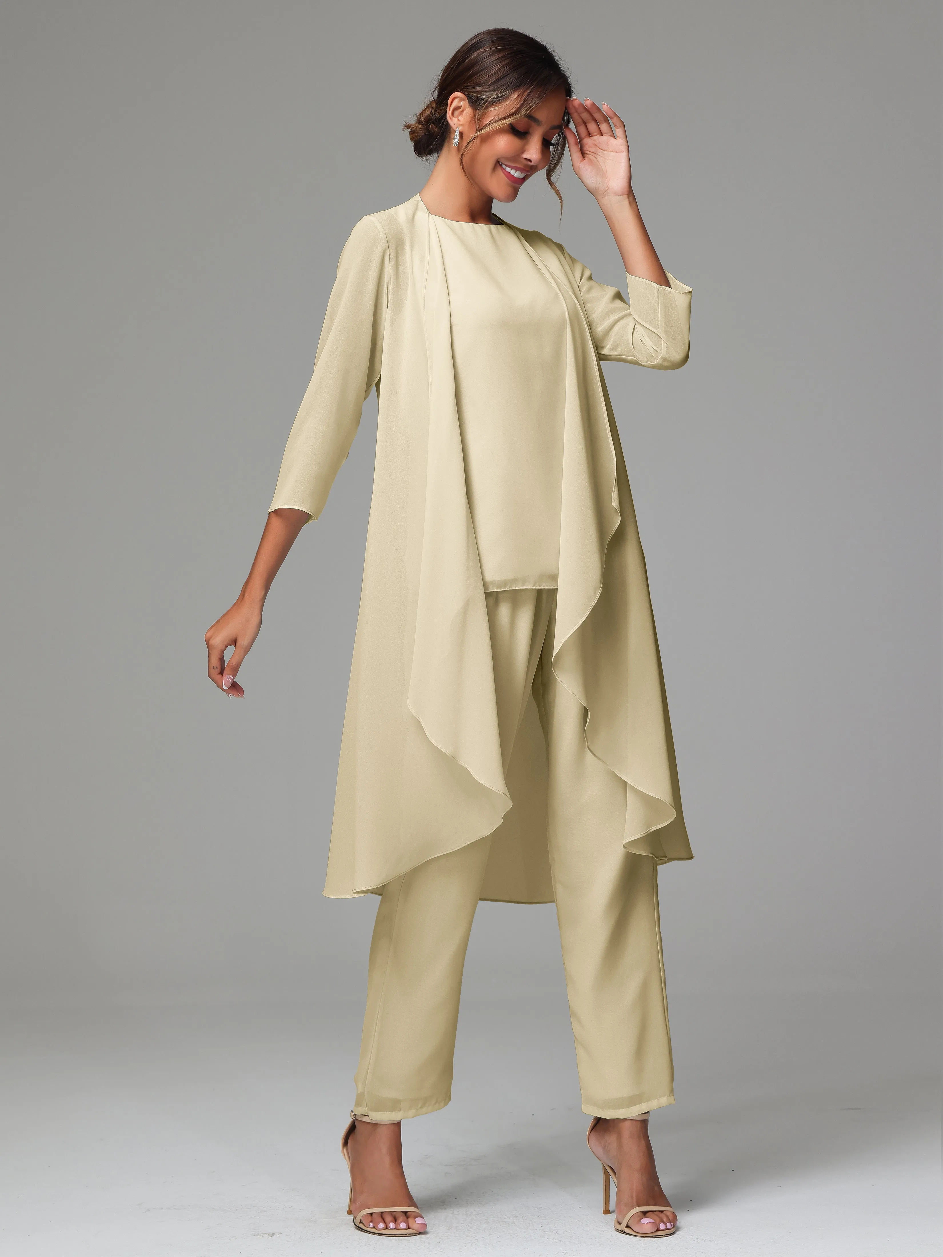 3 Pieces Long Sleeves Chiffon Mother Of The Bride Dress Pants Suits