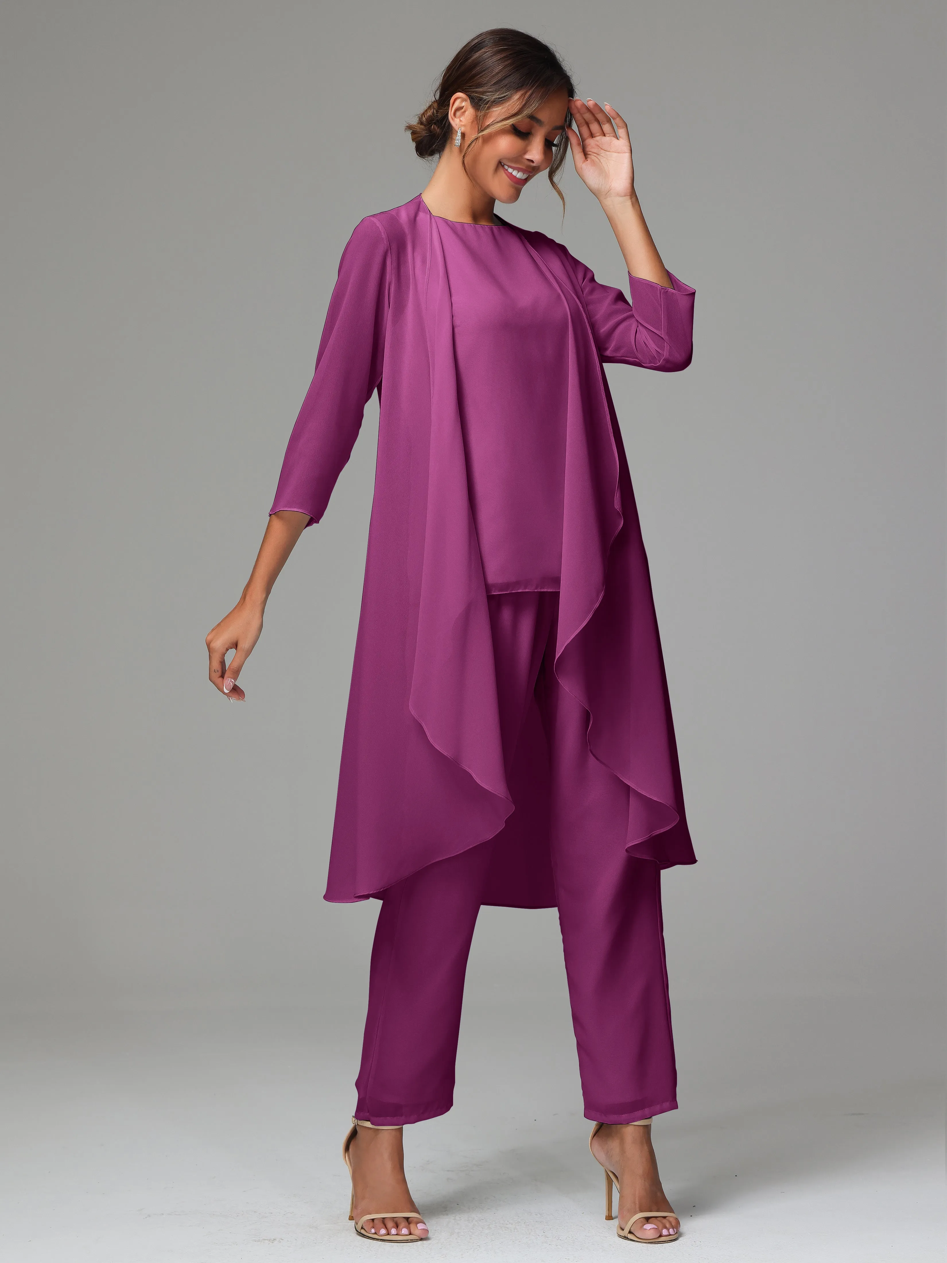 3 Pieces Long Sleeves Chiffon Mother Of The Bride Dress Pants Suits