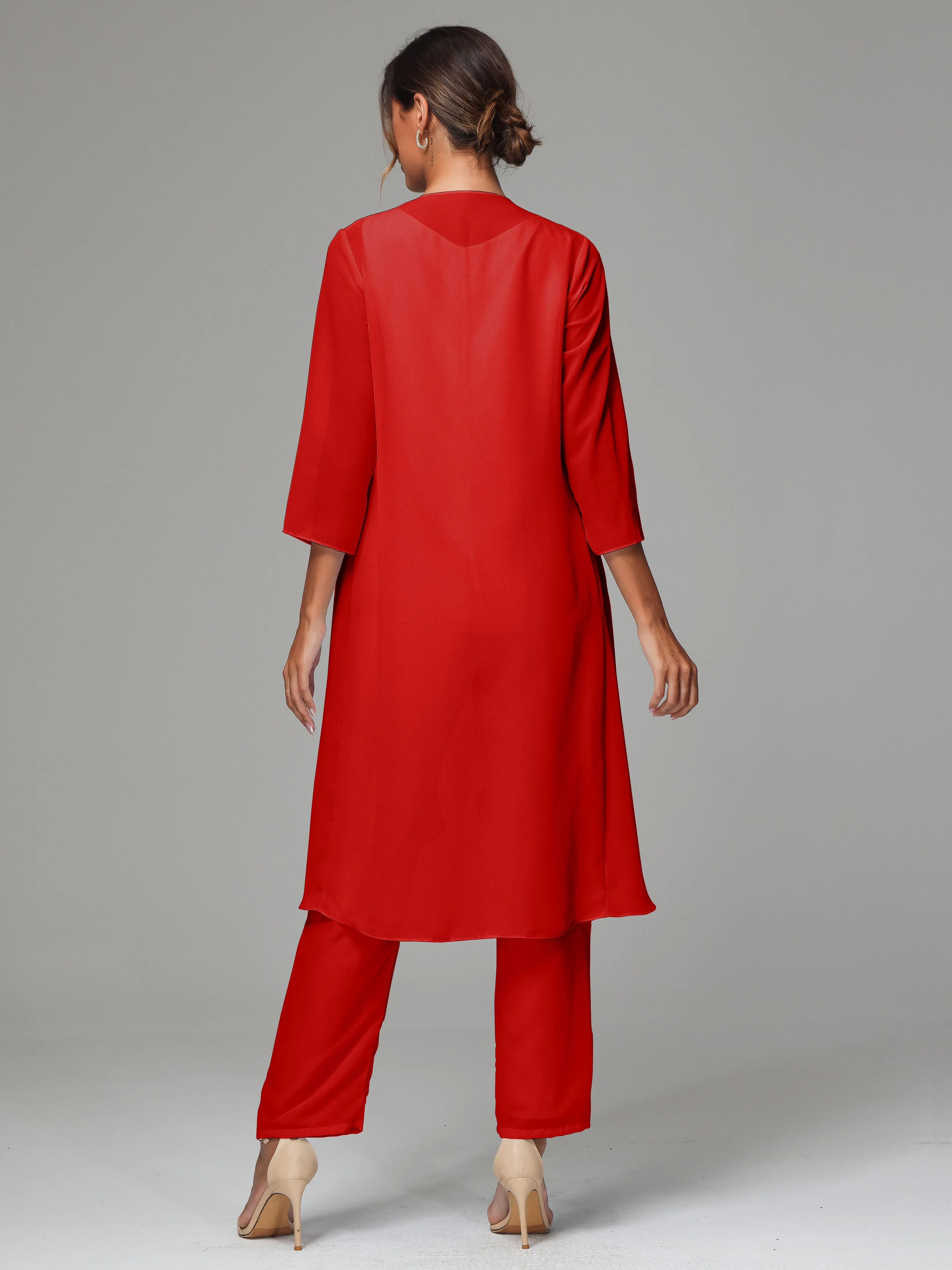3 Pieces Long Sleeves Chiffon Mother Of The Bride Dress Pants Suits