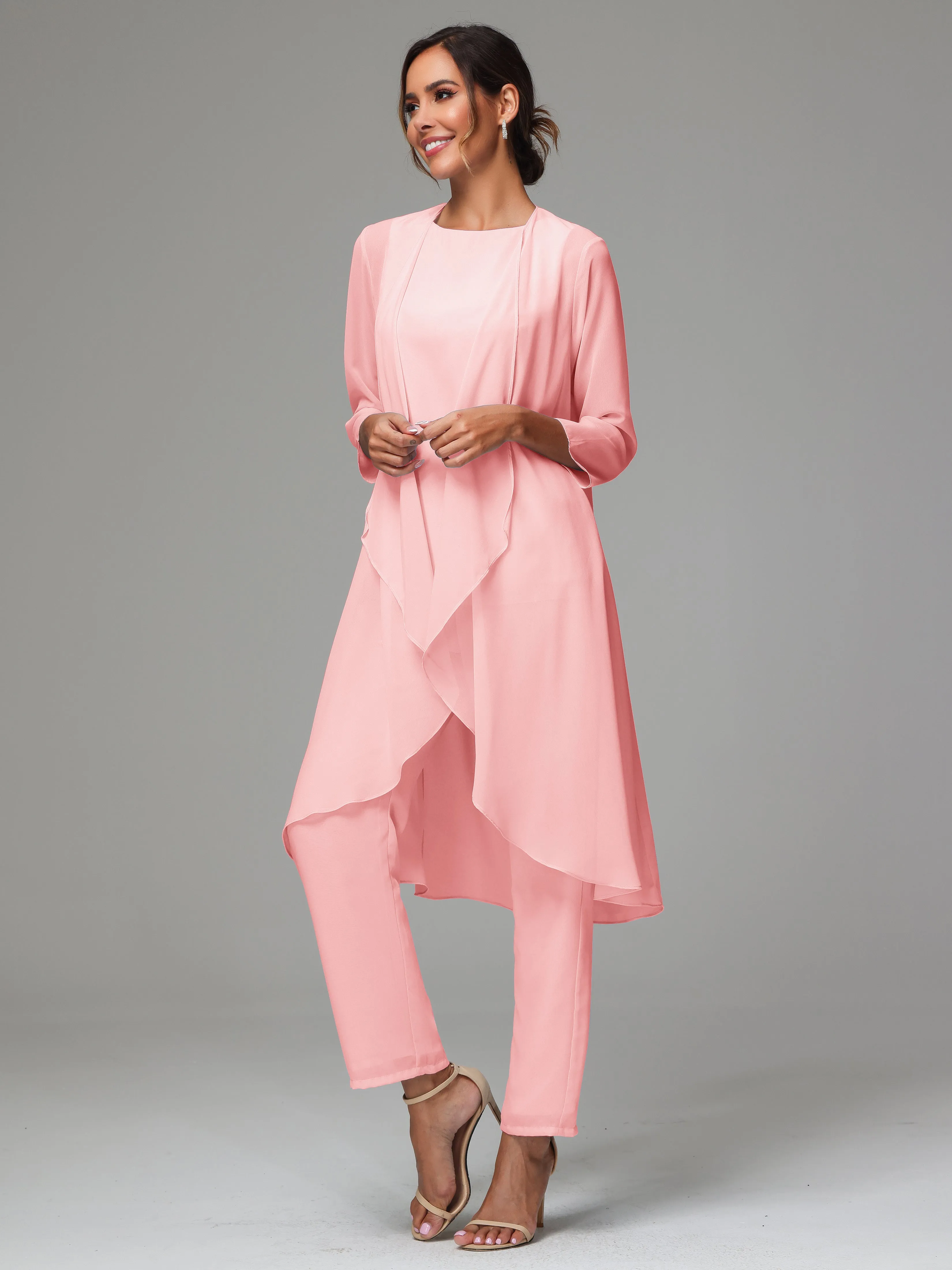 3 Pieces Long Sleeves Chiffon Mother Of The Bride Dress Pants Suits