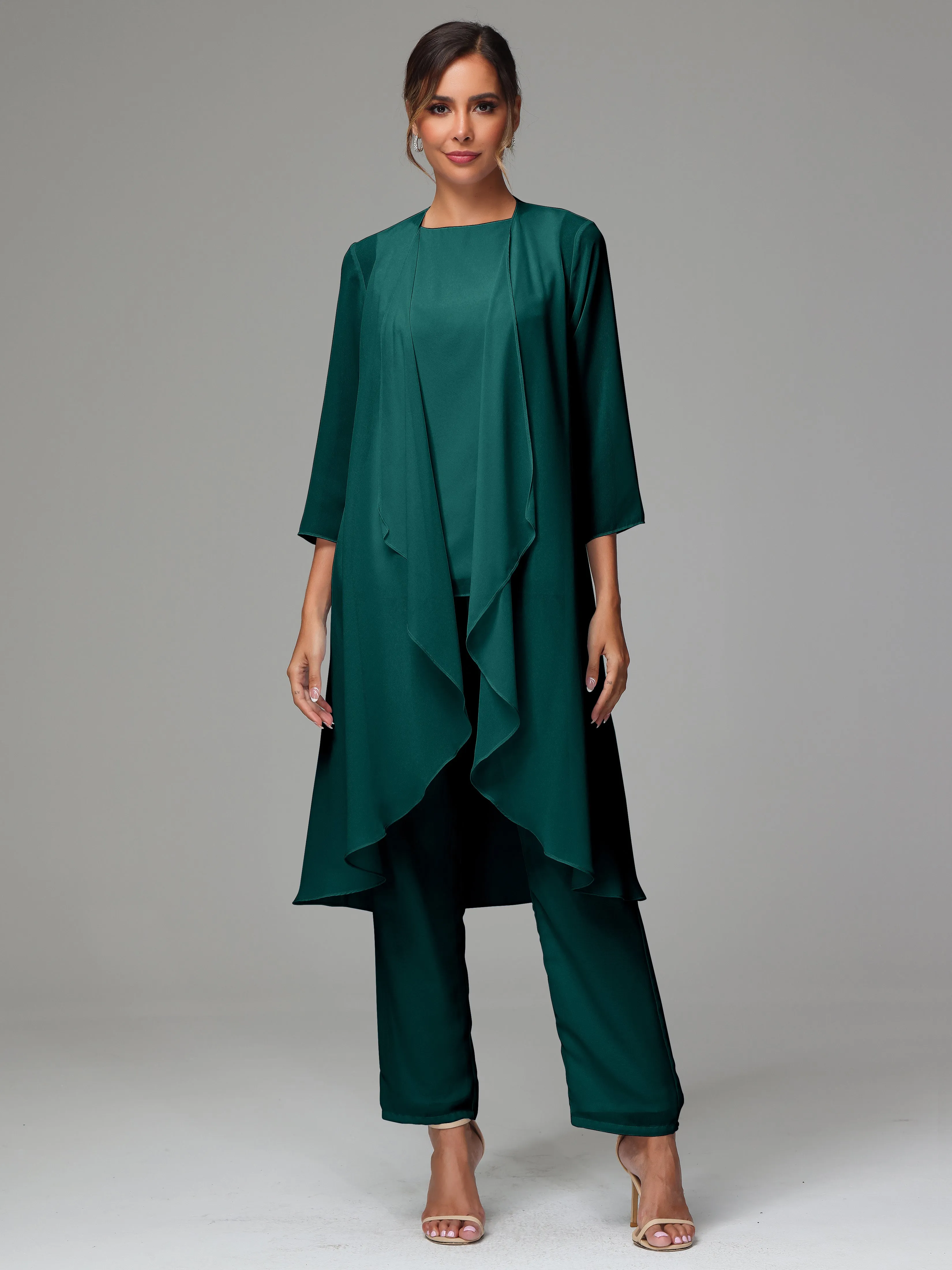 3 Pieces Long Sleeves Chiffon Mother Of The Bride Dress Pants Suits