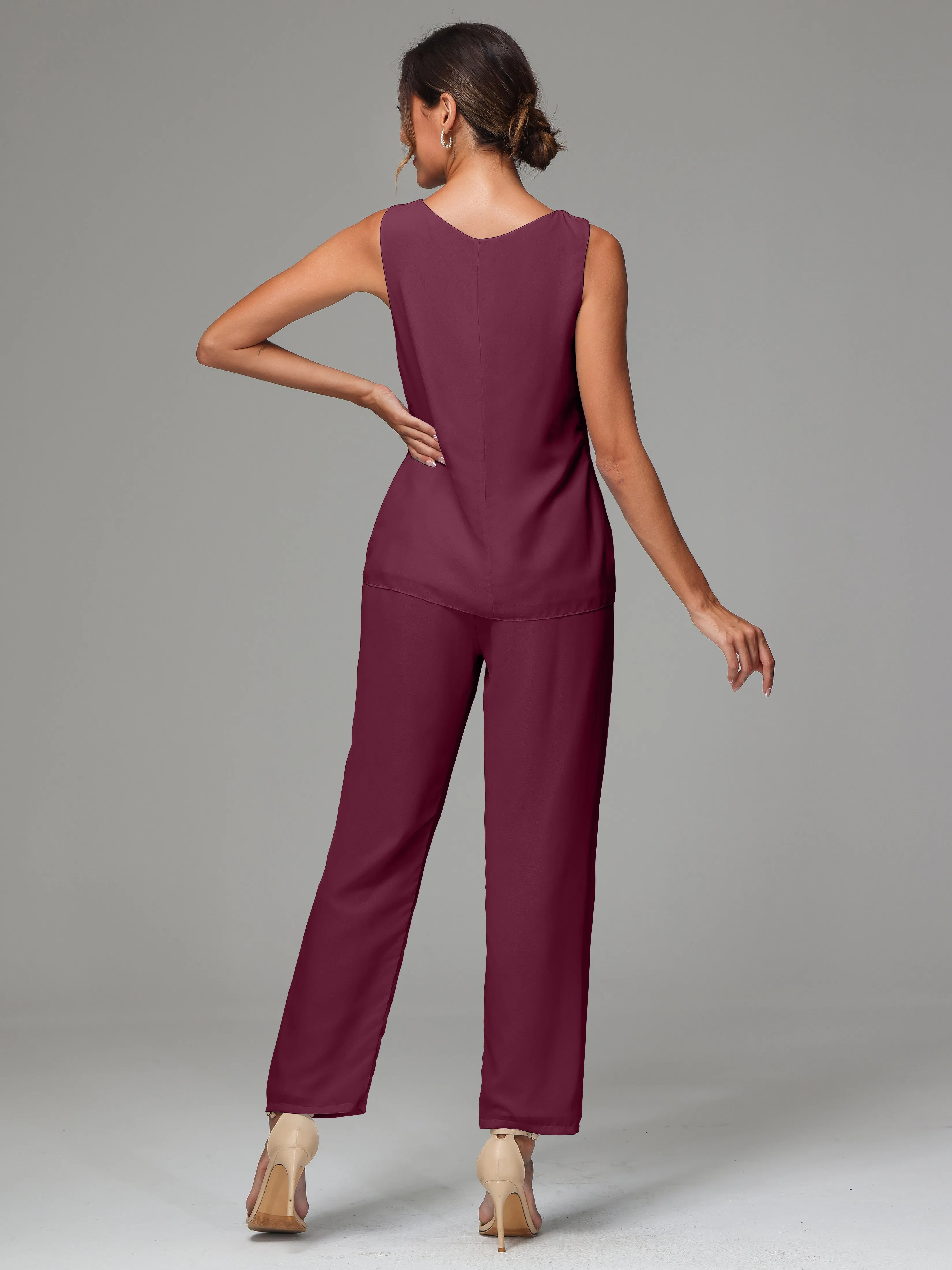 3 Pieces Long Sleeves Chiffon Mother Of The Bride Dress Pants Suits