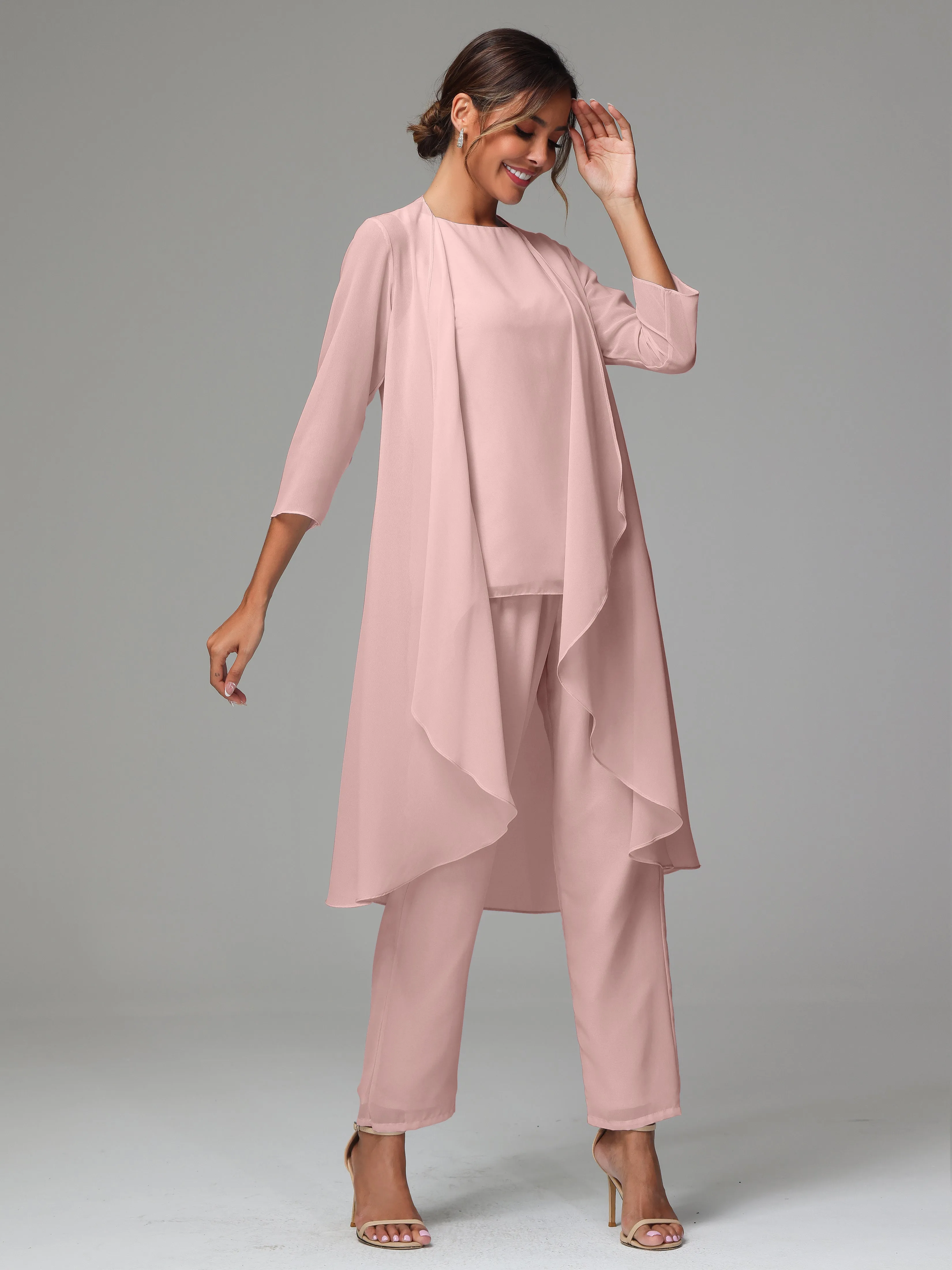 3 Pieces Long Sleeves Chiffon Mother Of The Bride Dress Pants Suits