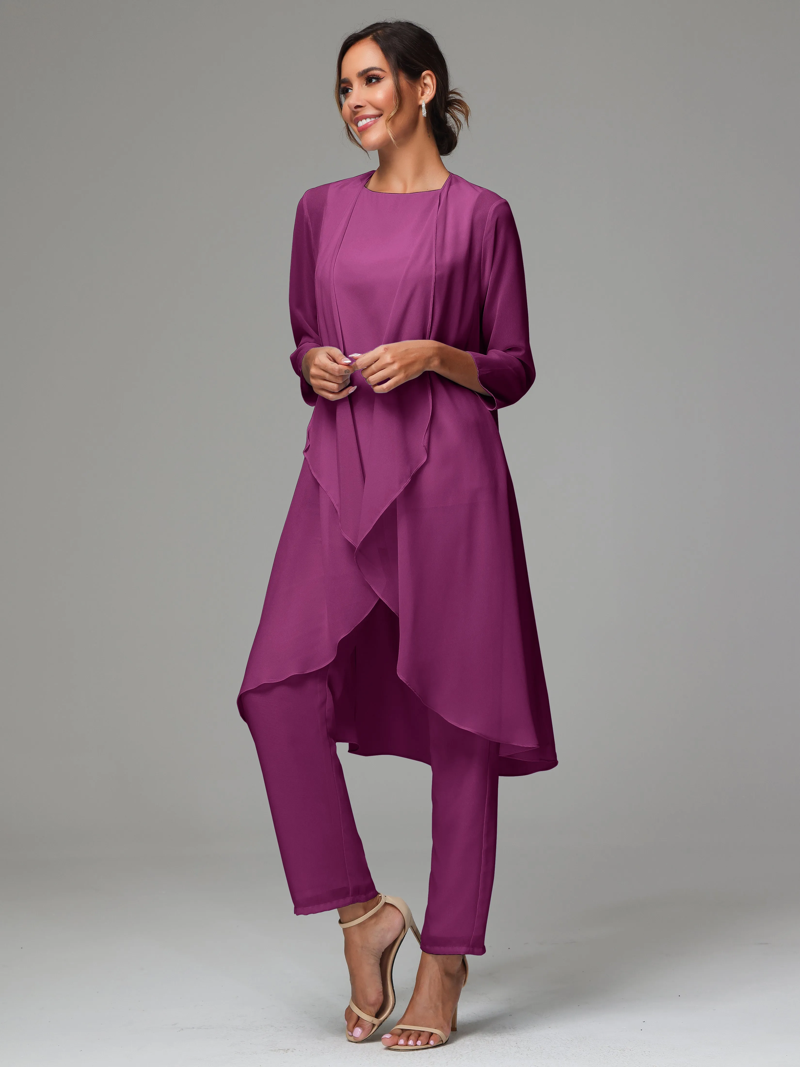 3 Pieces Long Sleeves Chiffon Mother Of The Bride Dress Pants Suits