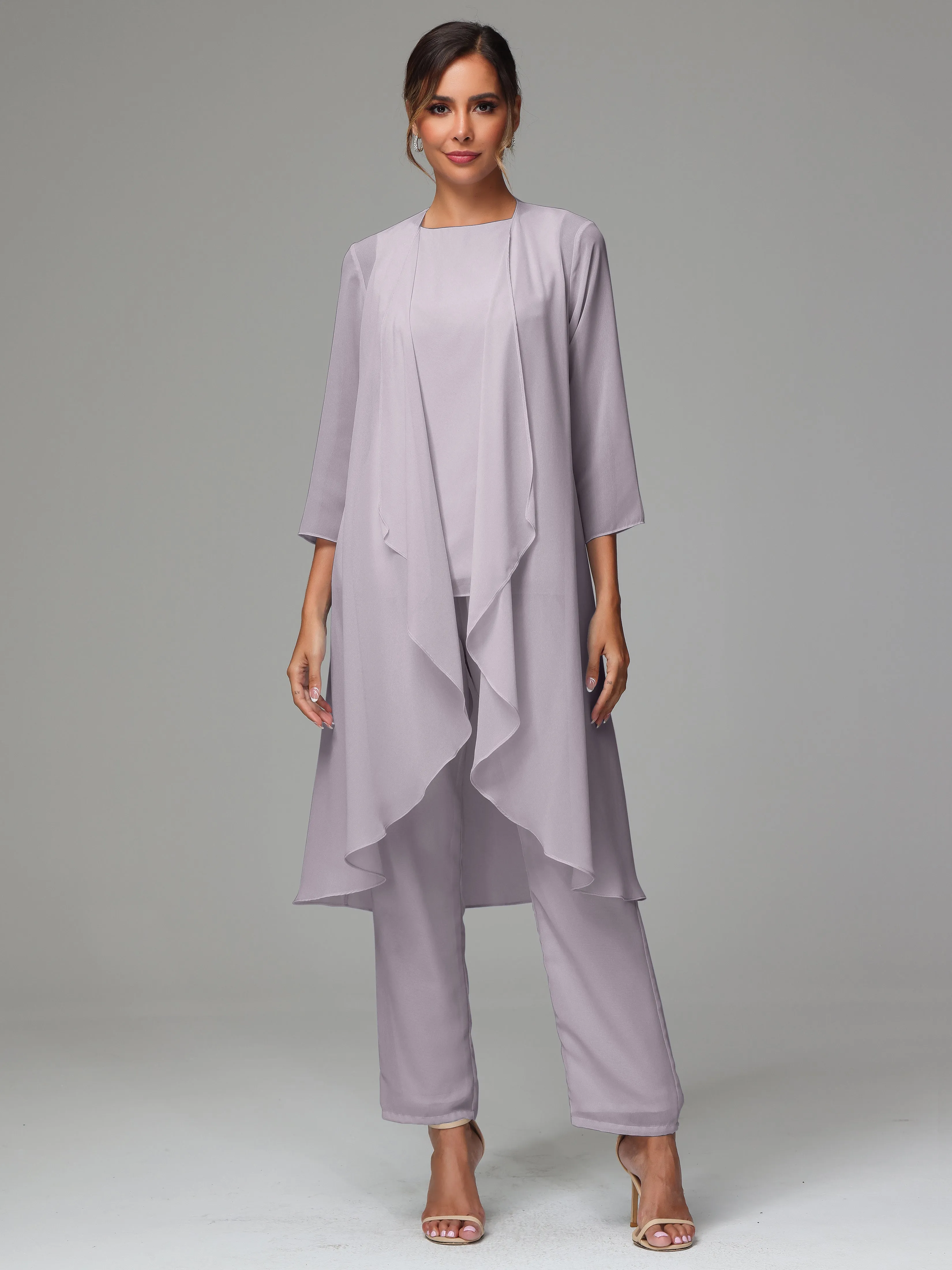 3 Pieces Long Sleeves Chiffon Mother Of The Bride Dress Pants Suits