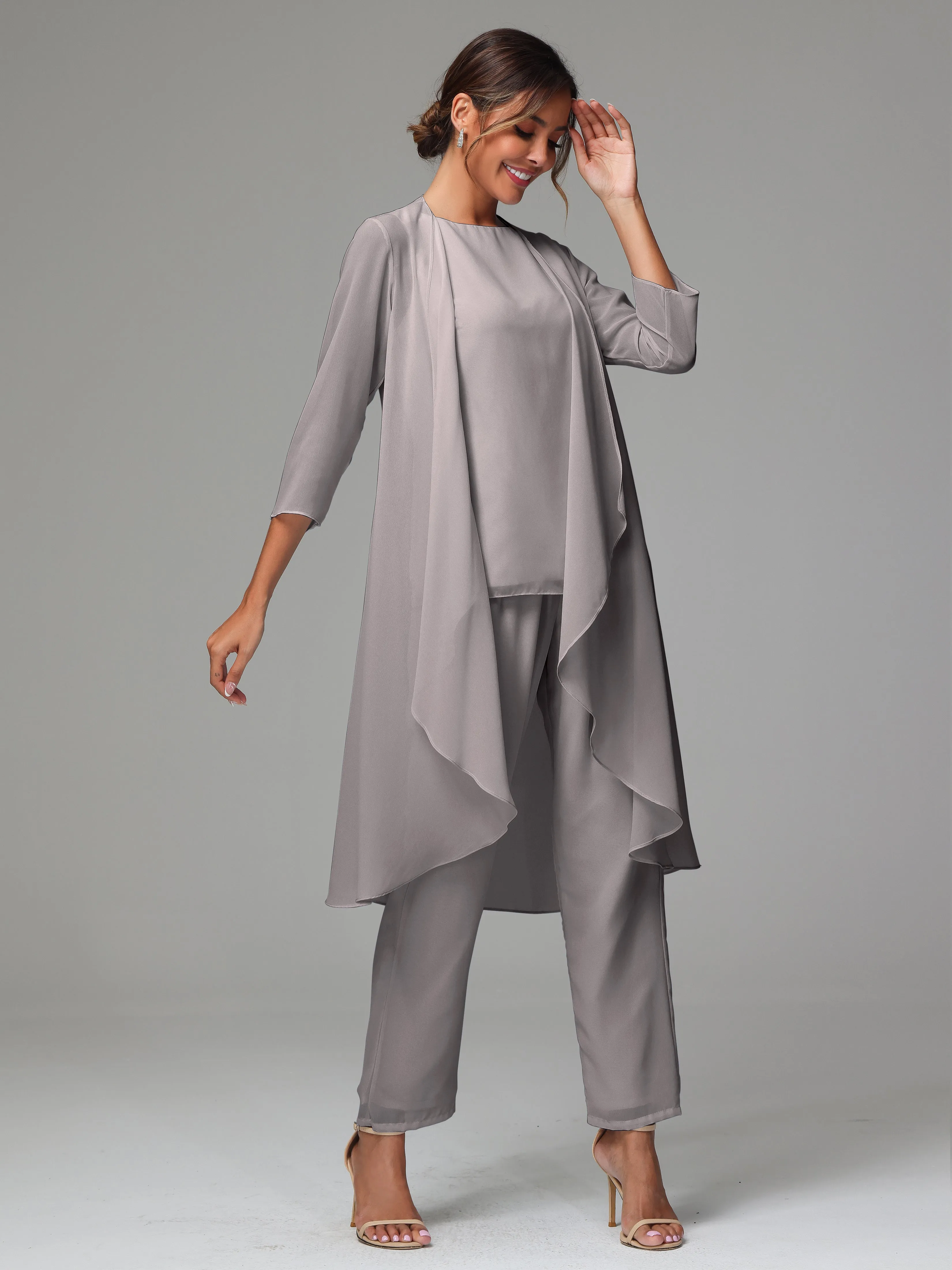 3 Pieces Long Sleeves Chiffon Mother Of The Bride Dress Pants Suits