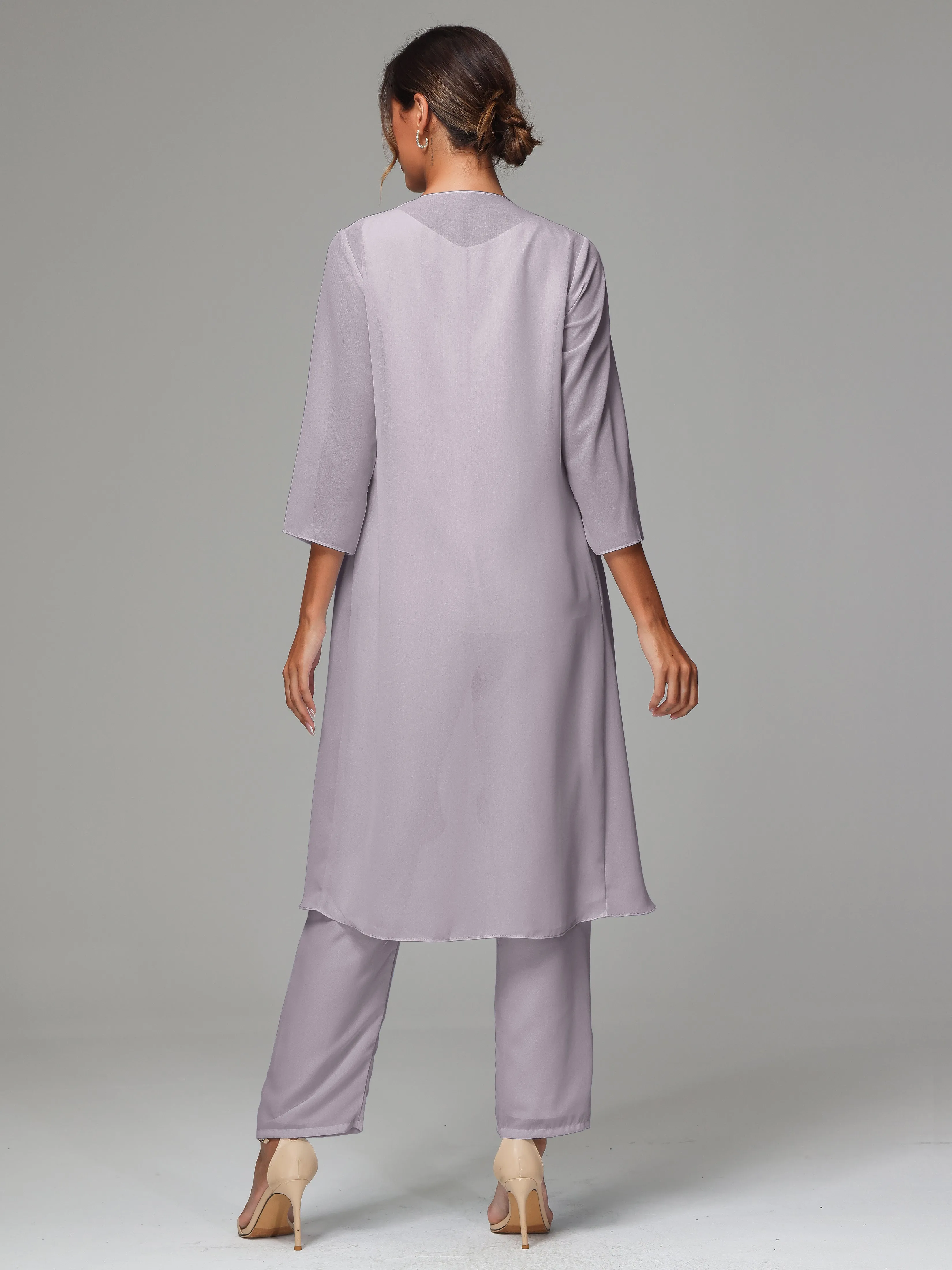 3 Pieces Long Sleeves Chiffon Mother Of The Bride Dress Pants Suits