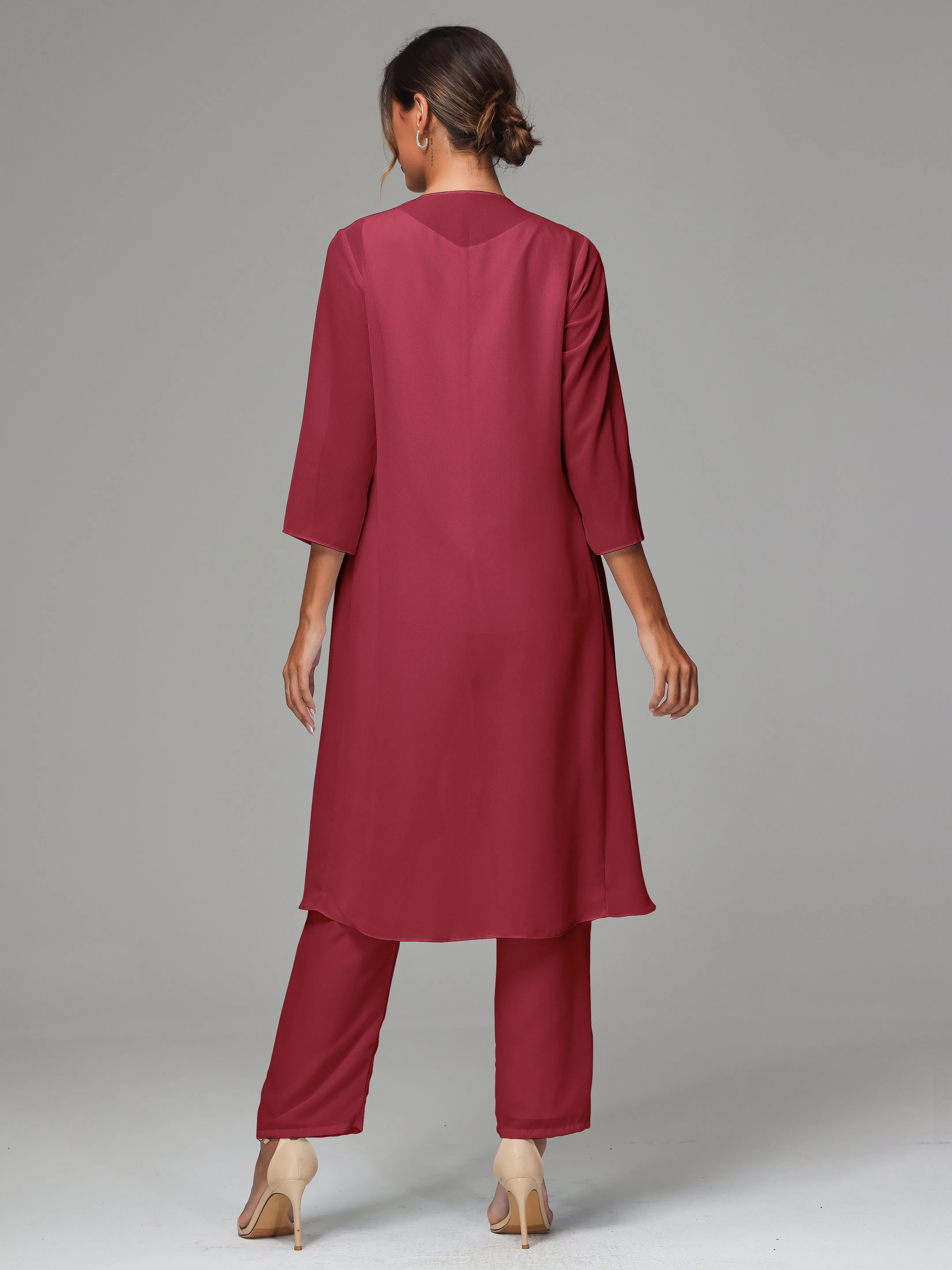3 Pieces Long Sleeves Chiffon Mother Of The Bride Dress Pants Suits
