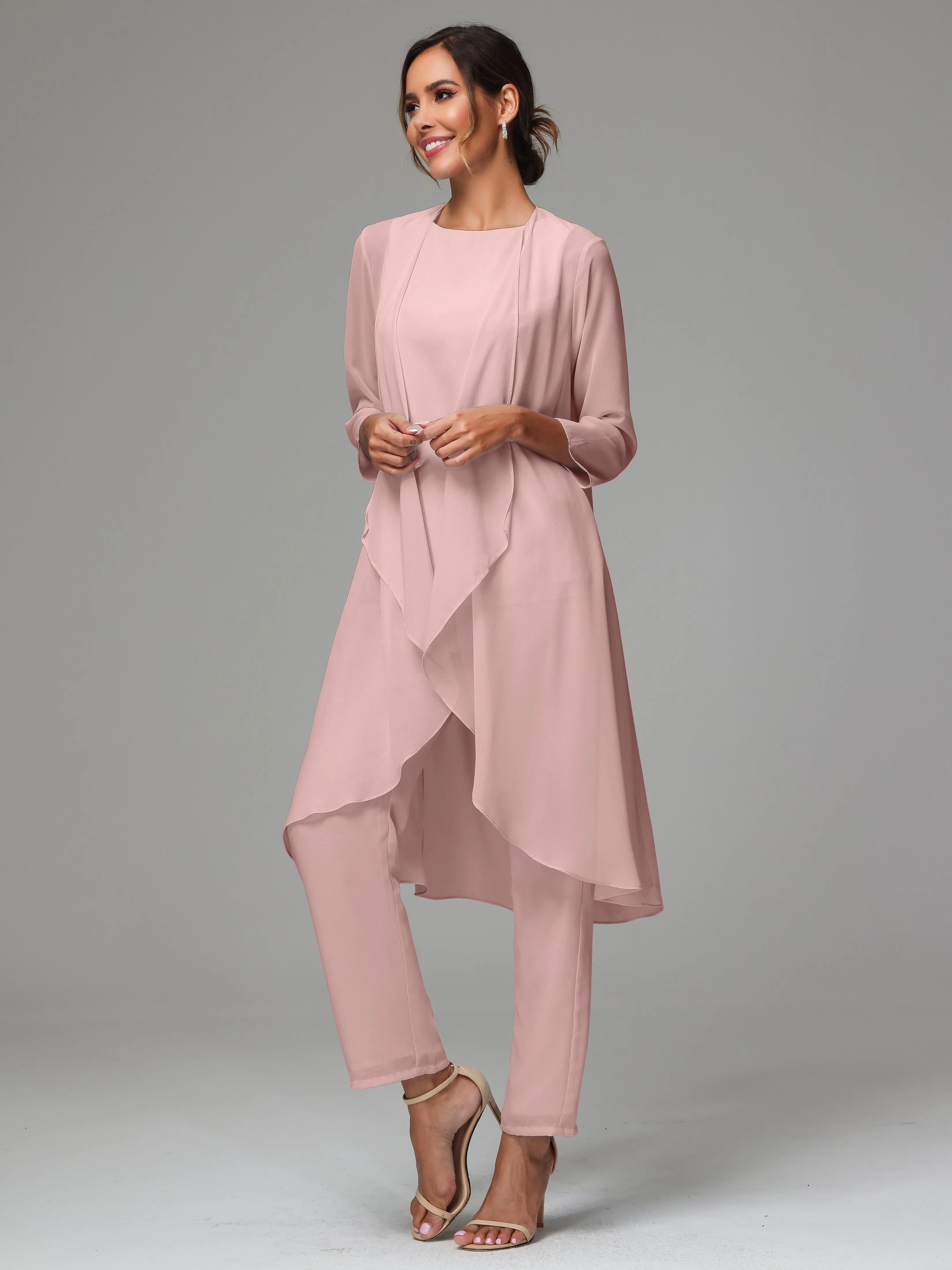 3 Pieces Long Sleeves Chiffon Mother Of The Bride Dress Pants Suits