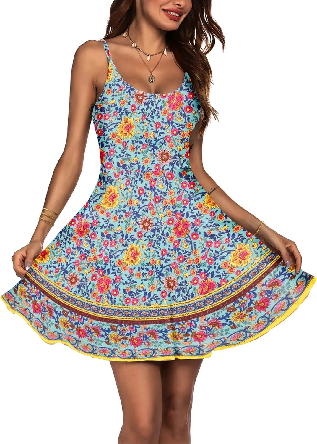 ACEVOG Women's 2025 Summer Dress Adjustable Spaghetti Strap Boho Floral Fit & Flare Beach Sundress