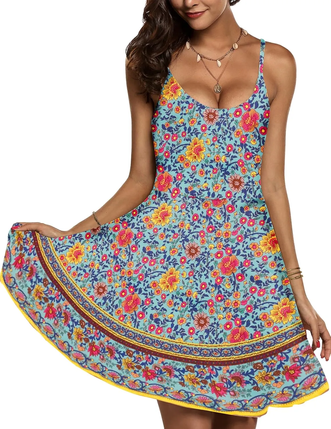 ACEVOG Women's 2025 Summer Dress Adjustable Spaghetti Strap Boho Floral Fit & Flare Beach Sundress