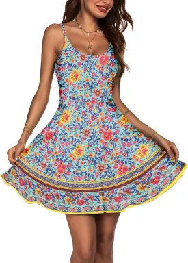 ACEVOG Women's 2025 Summer Dress Adjustable Spaghetti Strap Boho Floral Fit & Flare Beach Sundress