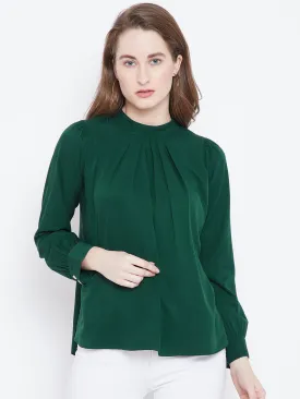 Berrylush Women Solid Green Mandarin Collar Neck Button-Up Pleated Regular Top