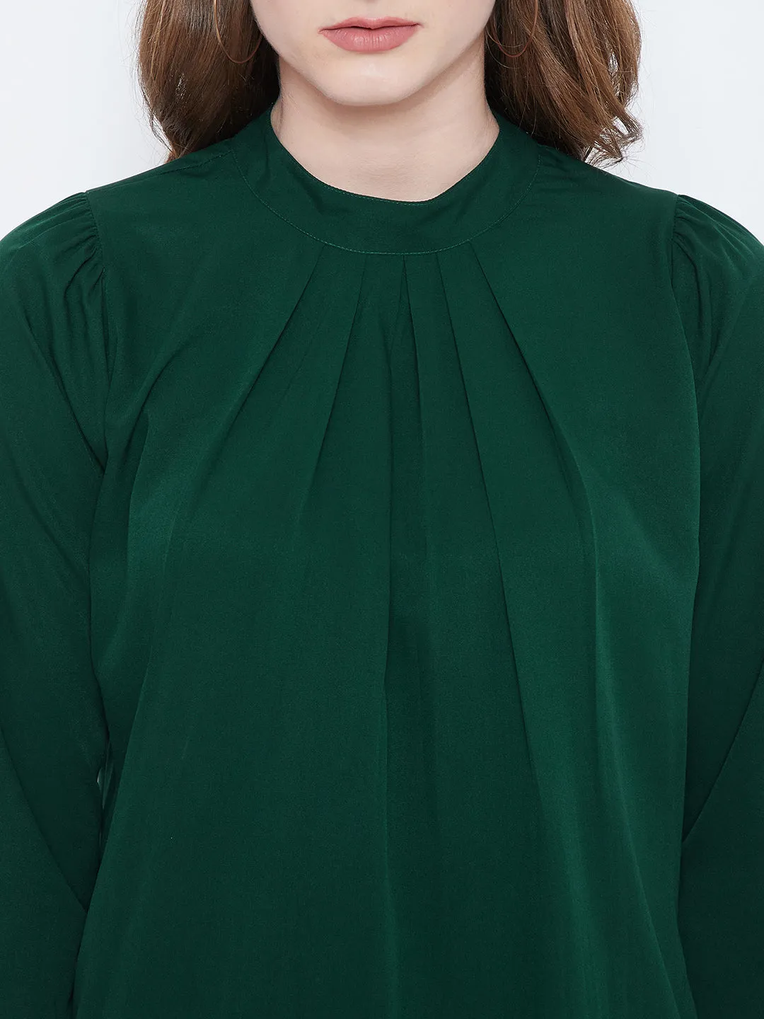 Berrylush Women Solid Green Mandarin Collar Neck Button-Up Pleated Regular Top