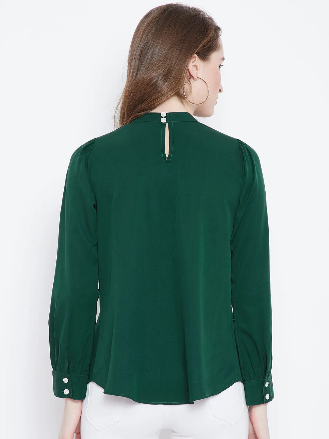 Berrylush Women Solid Green Mandarin Collar Neck Button-Up Pleated Regular Top