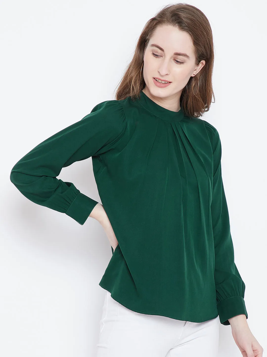 Berrylush Women Solid Green Mandarin Collar Neck Button-Up Pleated Regular Top