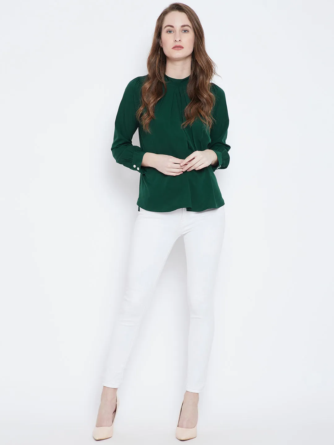 Berrylush Women Solid Green Mandarin Collar Neck Button-Up Pleated Regular Top