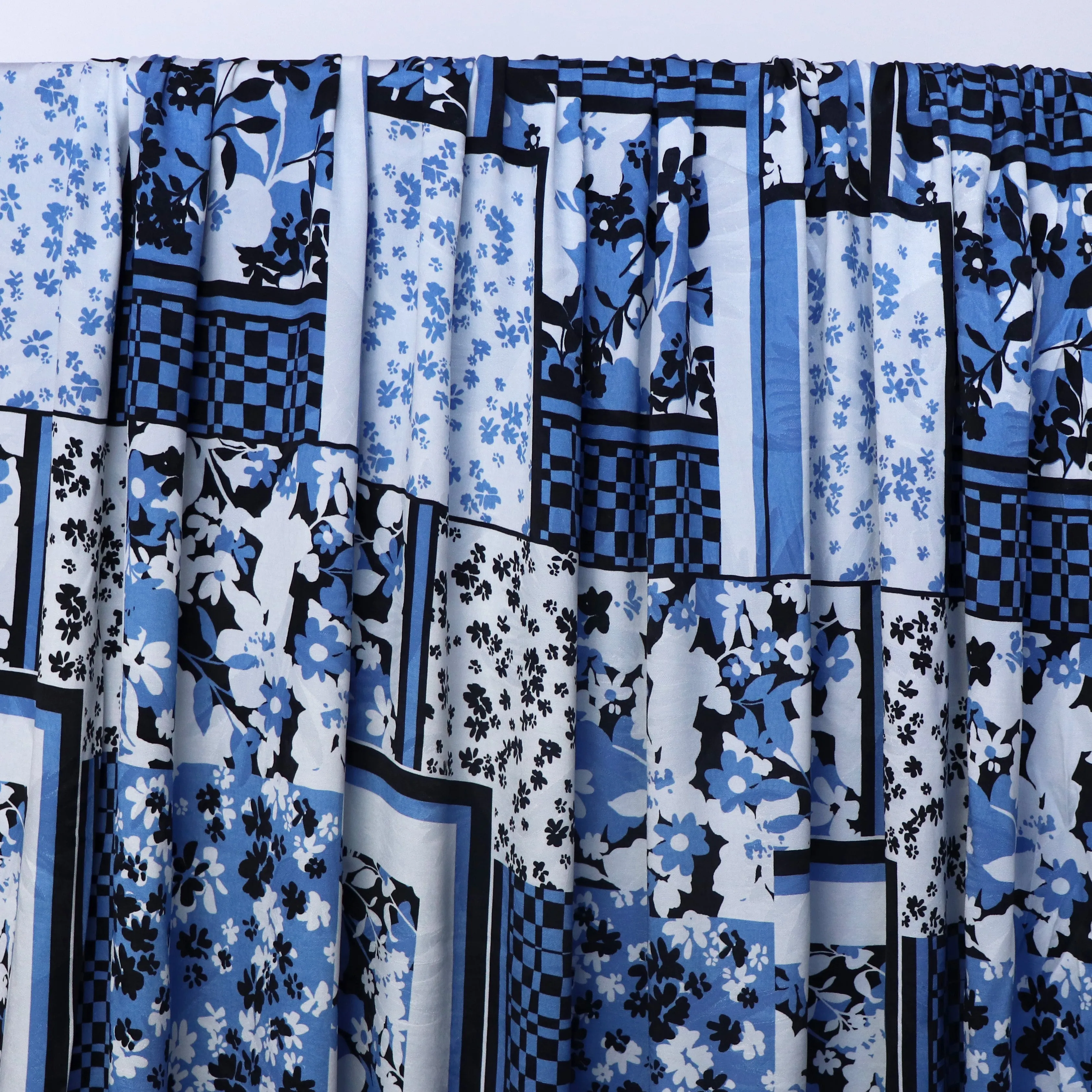 Deadstock Viscose Satin Jacquard - Patchwork Floral & Checkerboard - SALE