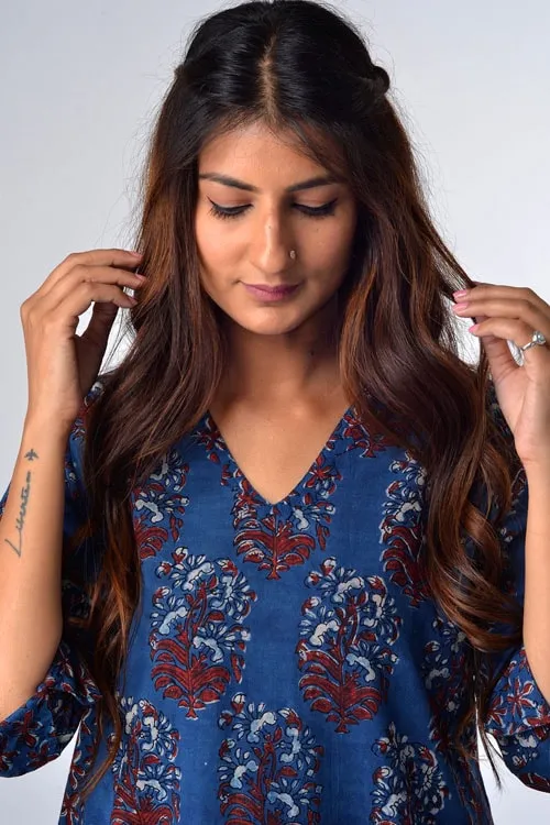 Dharan " Blue Kali Kurta" Blue Block Printed Kurta