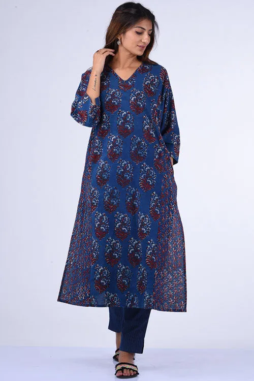 Dharan " Blue Kali Kurta" Blue Block Printed Kurta