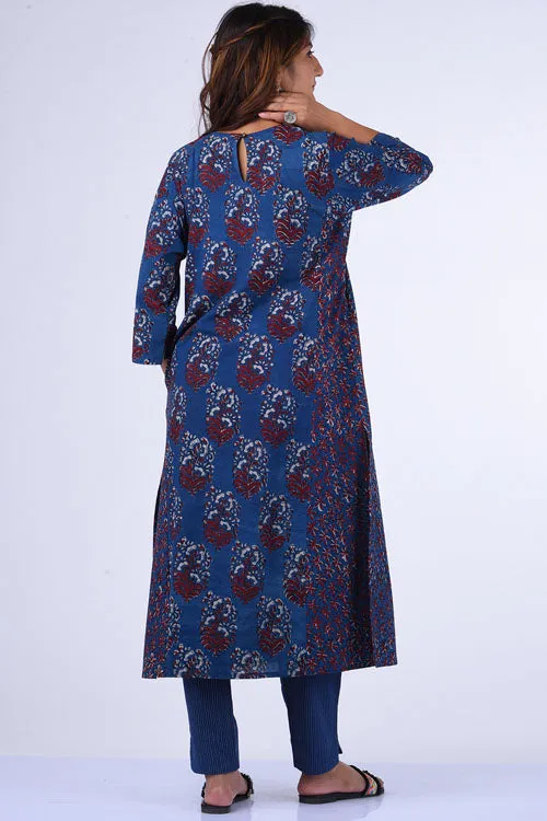 Dharan " Blue Kali Kurta" Blue Block Printed Kurta